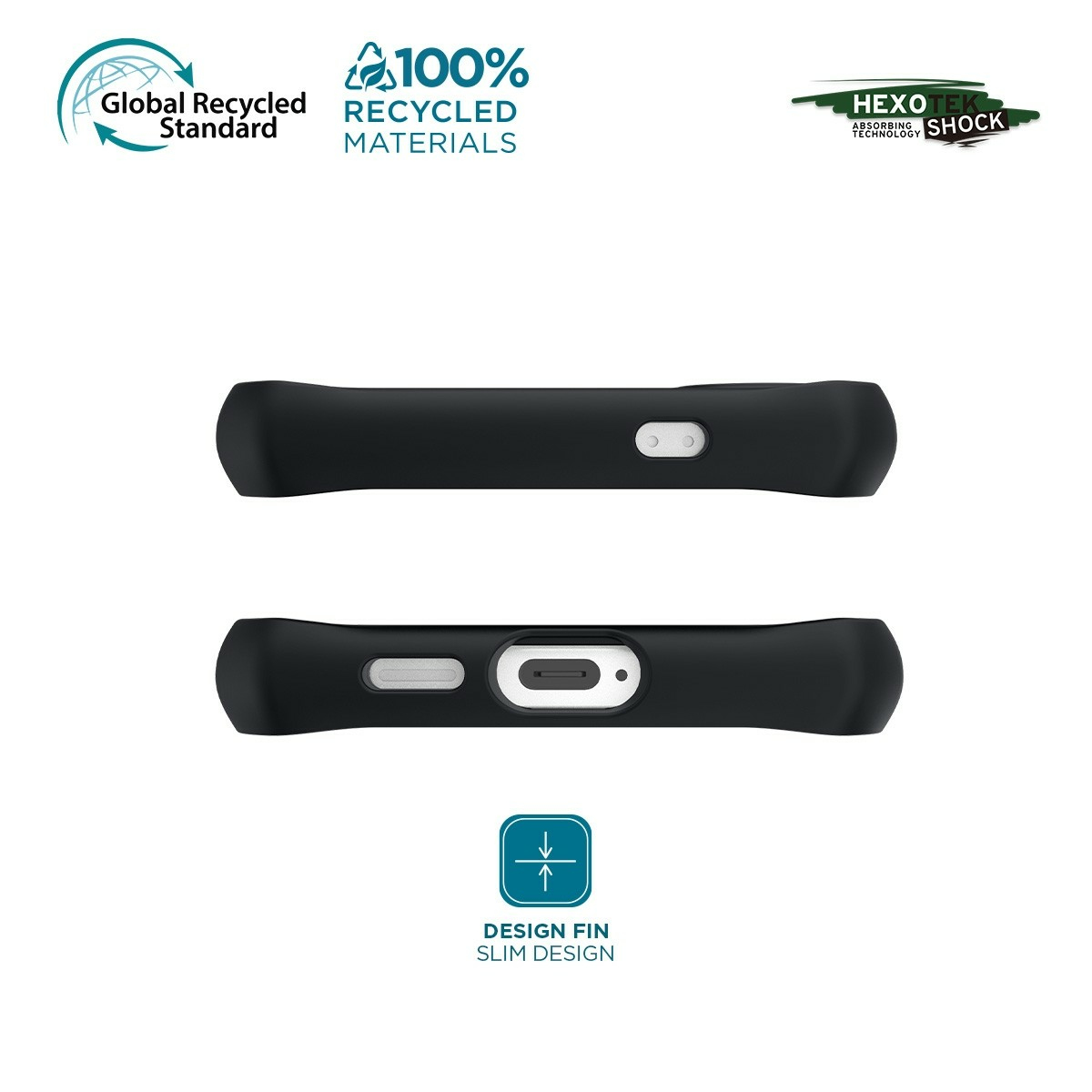 Zwei schwarze Handyhüllen mit Knöpfen und Aussparungen, oben und unten. Oben links, Global Recycled Standard Logo. Rechts, grünes HexoTek Logo.