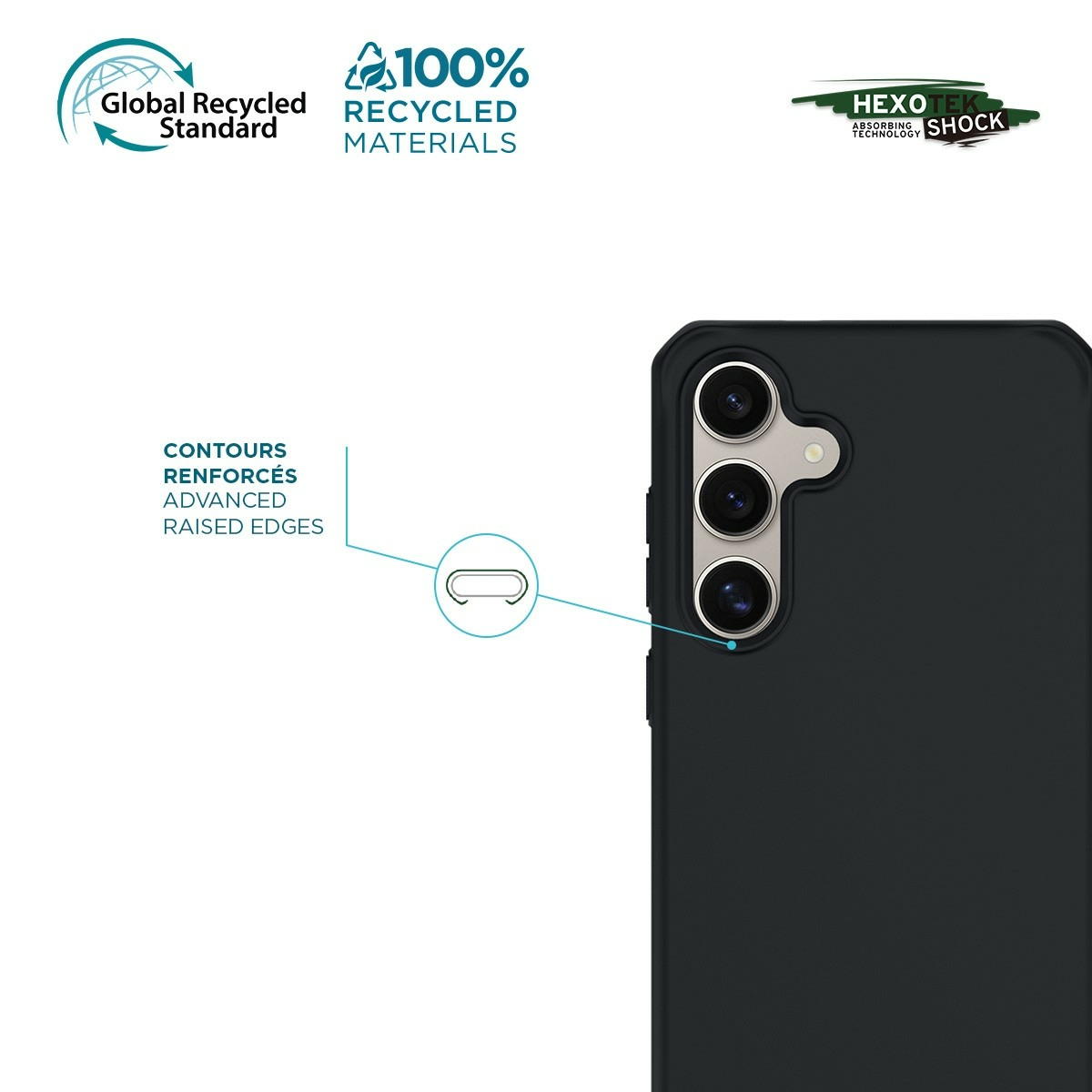 Schwarze Handyhülle mit Kameralinsen und Logos zu recycelten Materialien und Stoßdämpfung auf weißem Hintergrund.