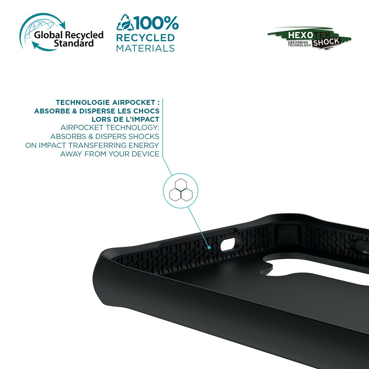 Schwarze Handyhülle mit Text über recycelte Materialien, Airpocket-Technologie und Stoßdämpfung. Hexotek- und Global-Recycled-Standard-Logos.