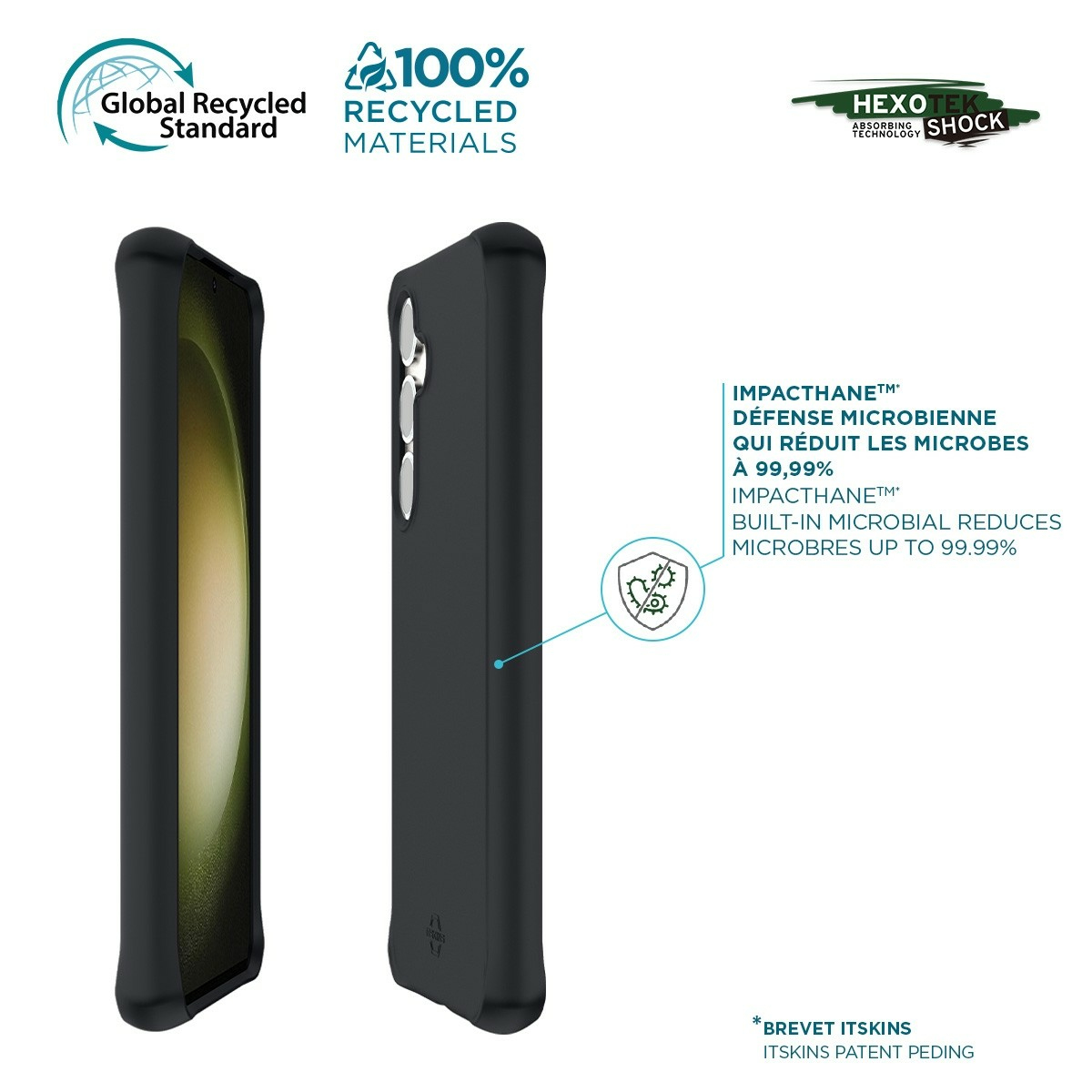 Zwei schwarze Handyhüllen nebeneinander, die Details wie Kameraausschnitte zeigen. Text erwähnt recycelte Materialien und Mikrobenreduktion.