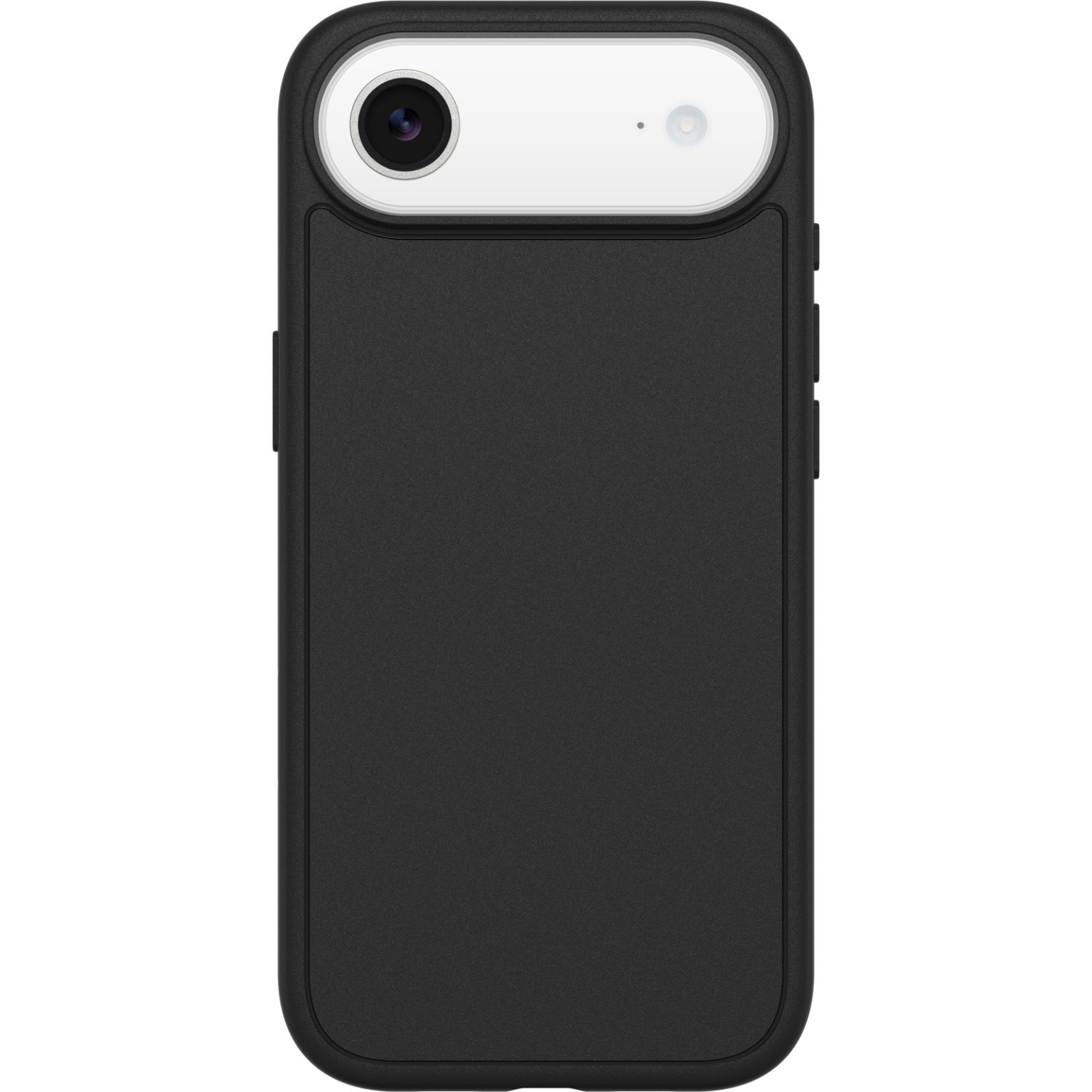 Une coque de téléphone noire avec une découpe pour l'appareil photo. La zone de l'appareil photo est blanche. Il y a trois boutons sur le côté de la coque.