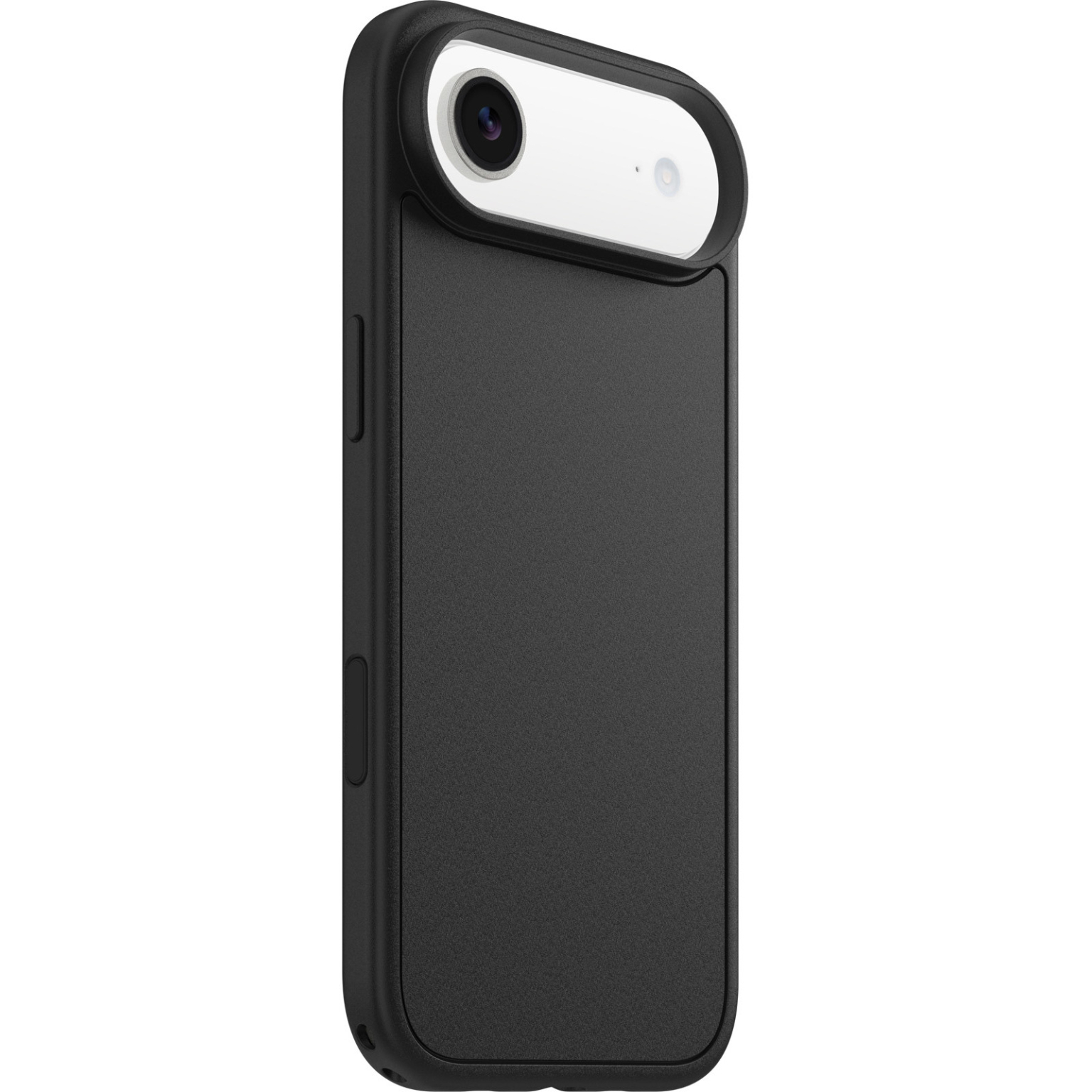 Coque de smartphone noire avec objectif d'appareil photo. La coque a une finition mate. L'objectif est sur fond blanc.