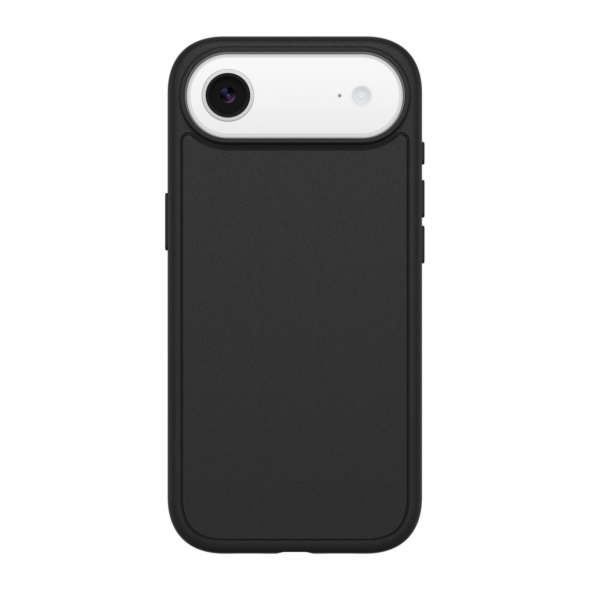 Un étui de téléphone noir avec une découpe pour la caméra et une section blanche en haut. Les objectifs de la caméra sont visibles.