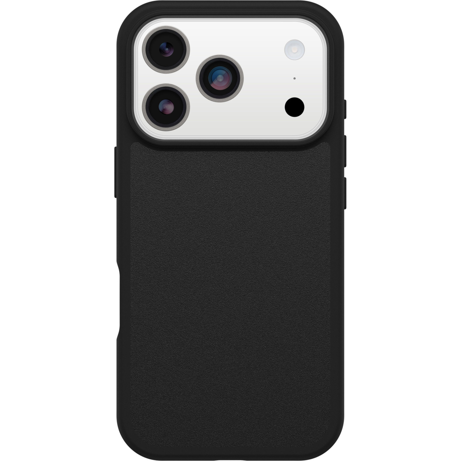 Ein schwarzes Smartphone mit Schutzhülle. Der Kamerabereich hat drei Objektive und einen Blitz. Die Hülle hat eine strukturierte Oberfläche.