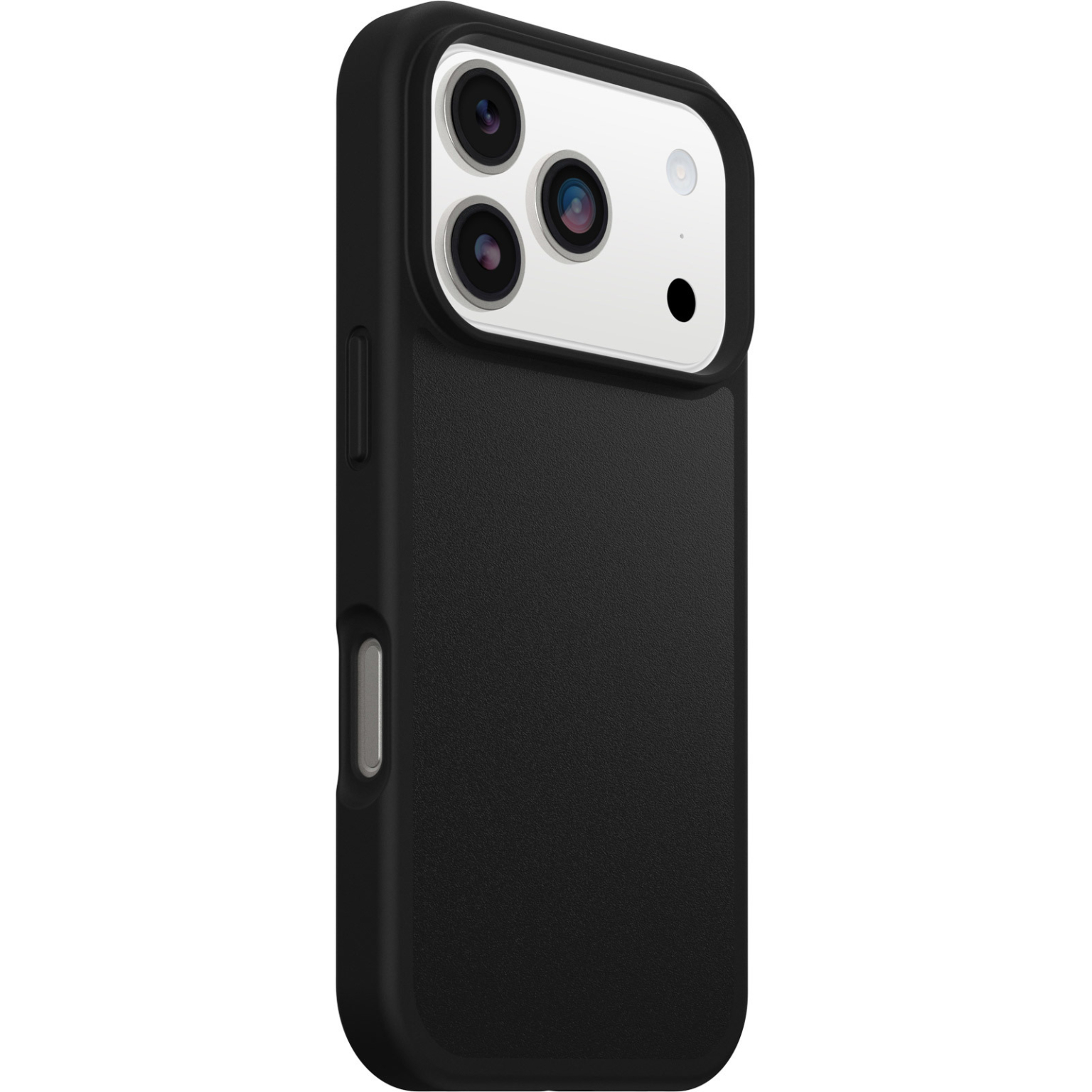 Ein schwarzes Smartphone mit Schutzhülle, drei Kameralinsen und einem Blitz. Die Hülle hat eine strukturierte Oberfläche.