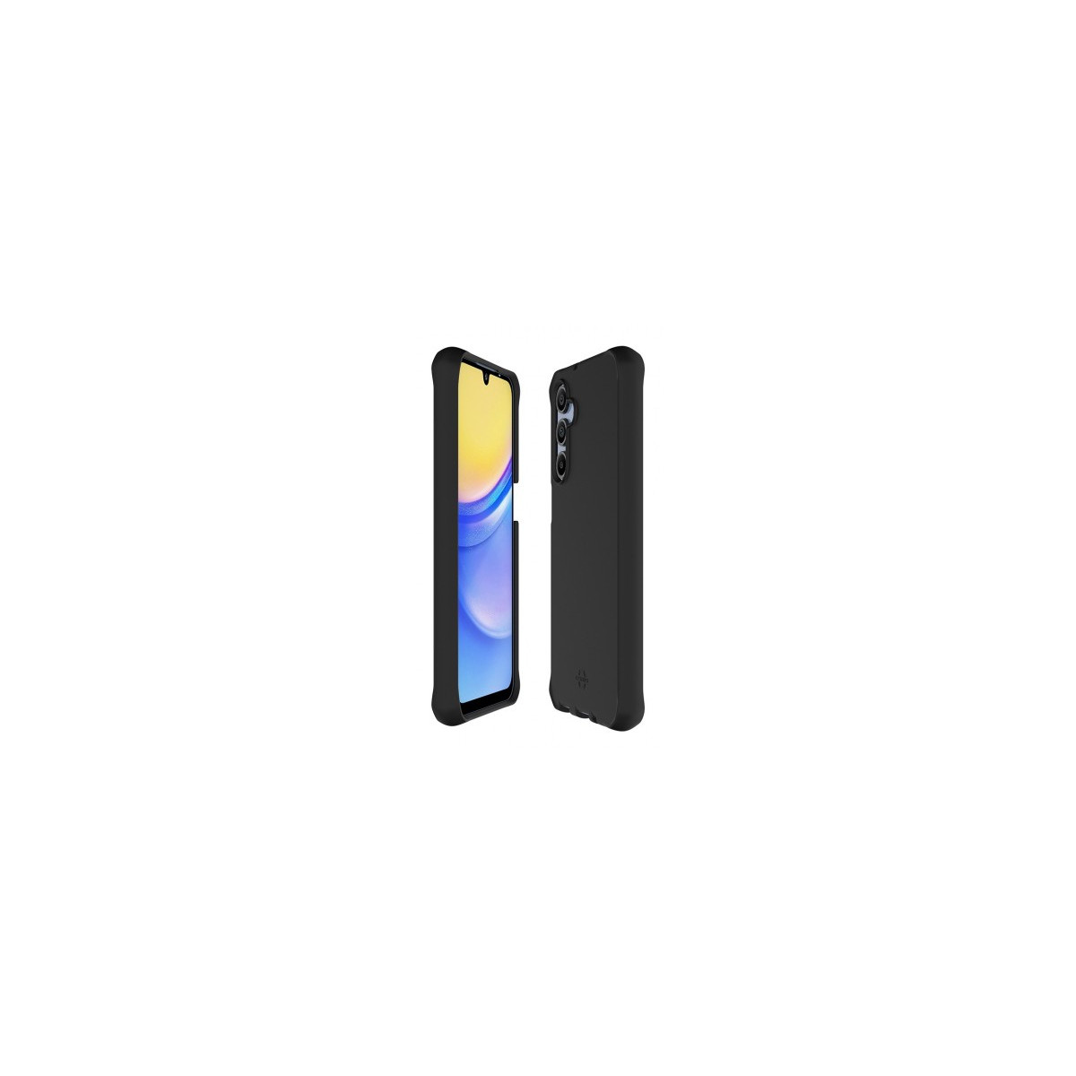 Zwei schwarze Smartphones werden angezeigt. Eines zeigt den Bildschirm, das andere das Seitenprofil. Beide Telefone haben eine Hülle.