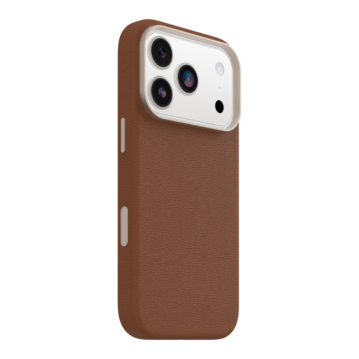 Een bruine leren telefoonhoes met drie cameralenzen, een flitser en twee knoppen aan de zijkant, tegen een witte achtergrond.