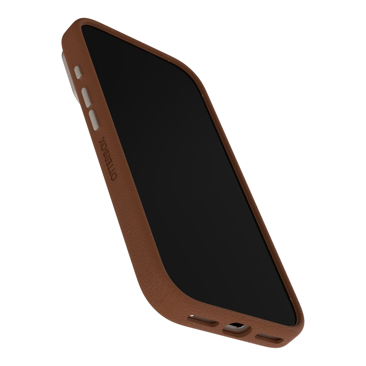 Een bruine leren telefoonhoes met zwart scherm, schuin, met zijknoppen en Otterbox-logo. Geïsoleerd op witte achtergrond.