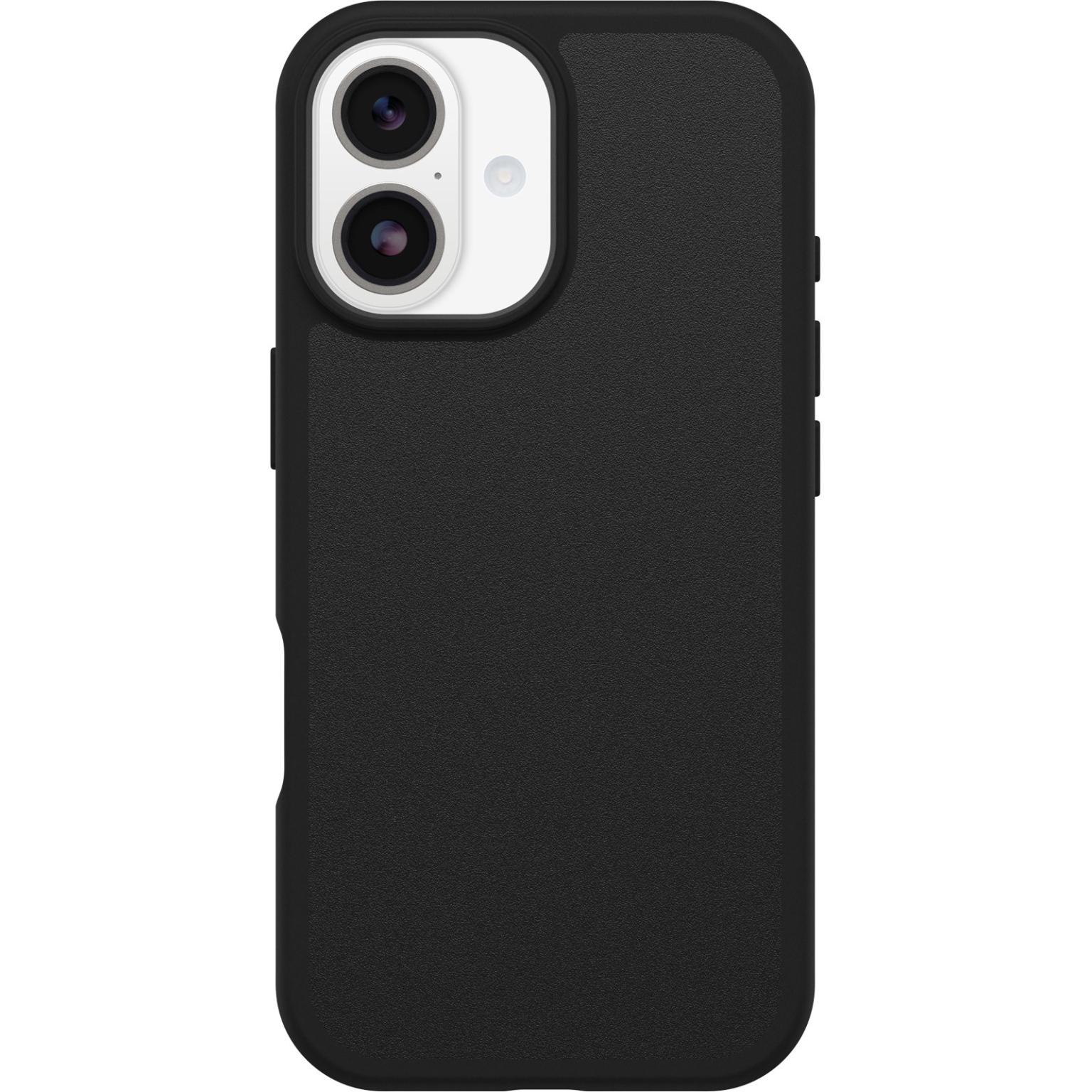 Coque de téléphone noire avec découpe pour appareil photo. L'étui a une texture rugueuse. La zone de la caméra a deux lentilles et un flash.