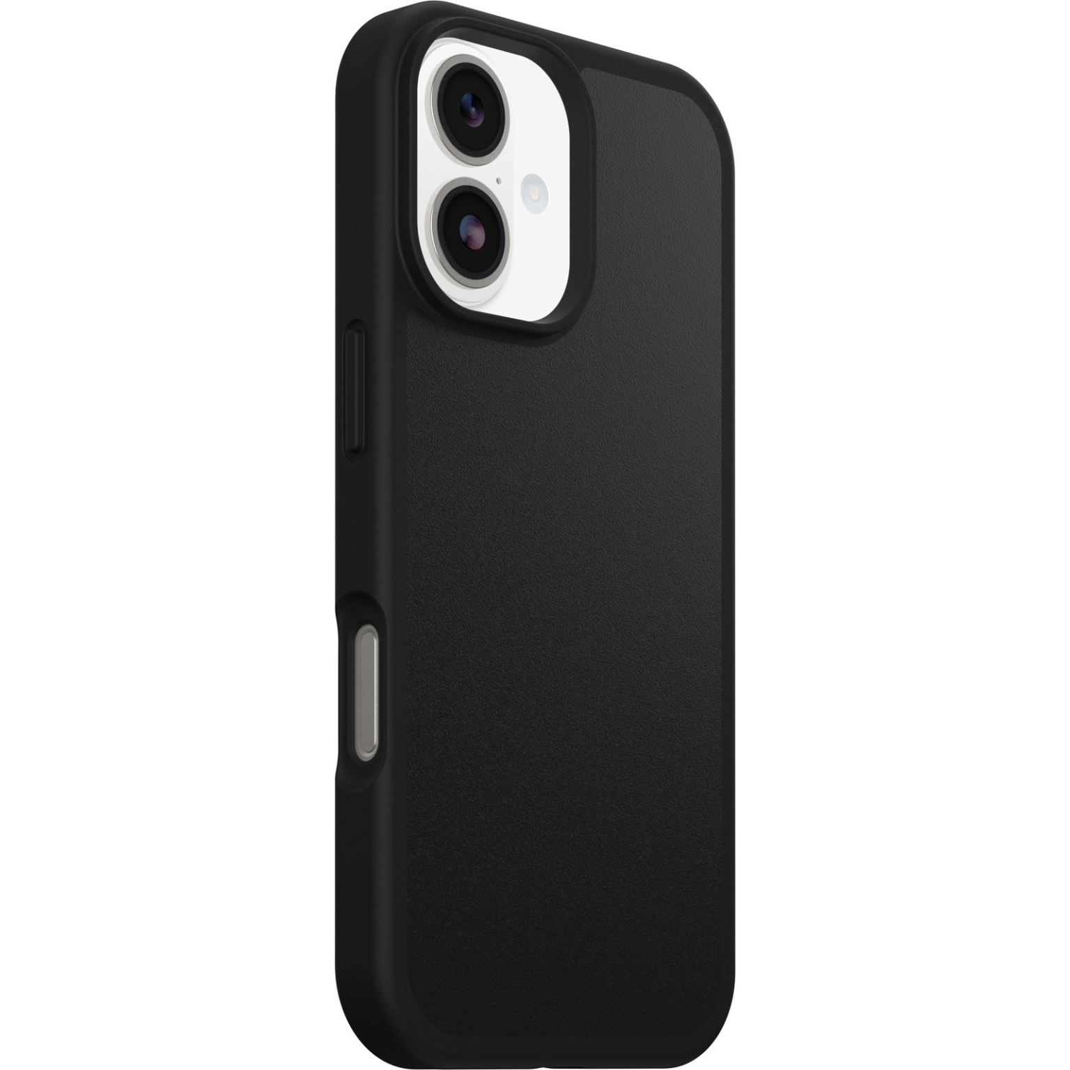 Une coque de téléphone noire avec une découpe pour l'appareil photo. La coque a une surface texturée et protège le téléphone.