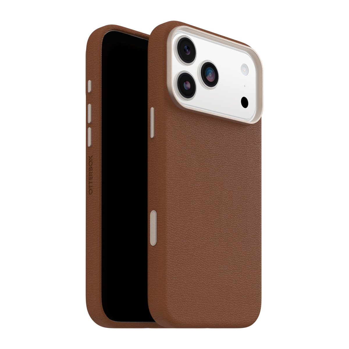 Een bruine leren telefoonhoes met een zwart scherm staat iets open. Cameralenzen zijn zichtbaar. Otterbox staat op de zijkant.