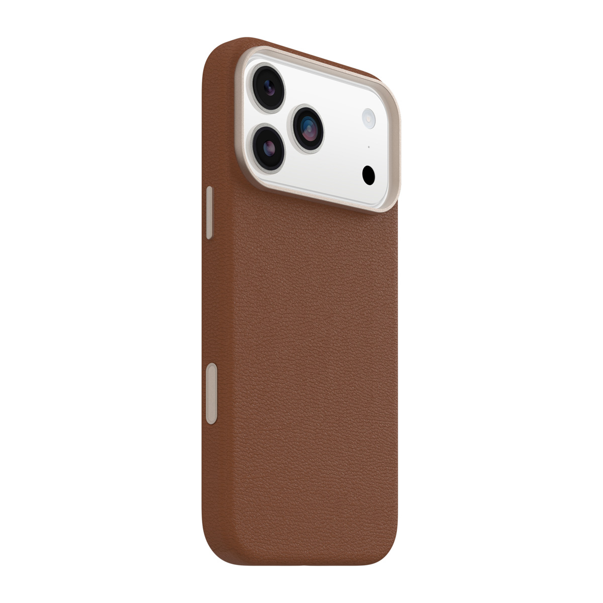 Een bruine leren telefoonhoes met een witte cameramodule. Drie cameralenzen en een flitser zijn zichtbaar.