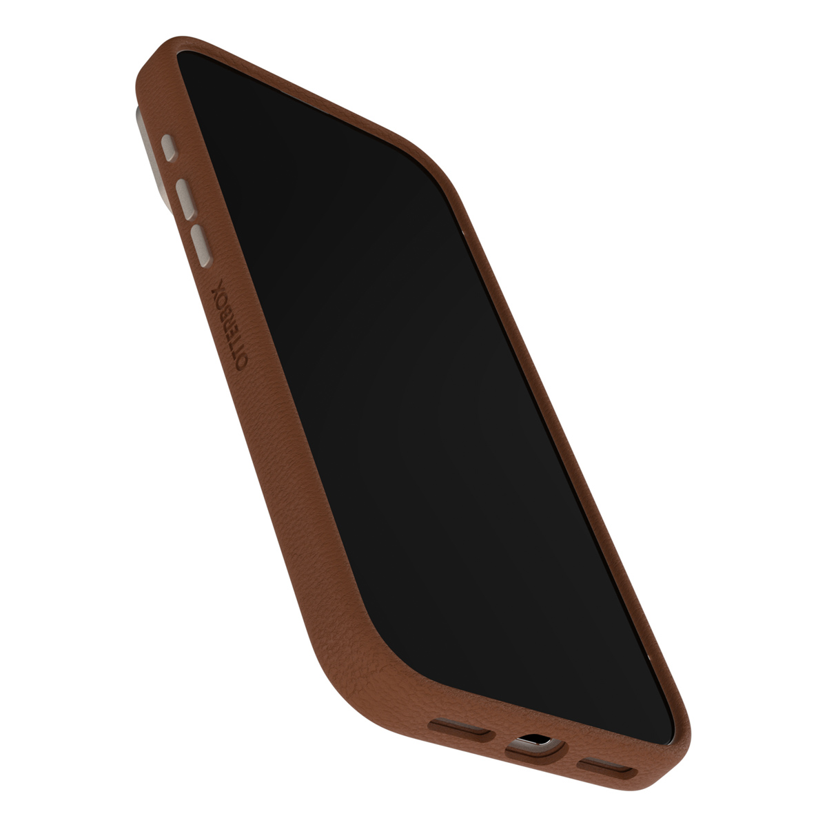 Een bruine lederen telefoonhoes met een zwart scherm, lichtjes schuin. Het Otterbox-logo is zichtbaar. De achtergrond is wit.