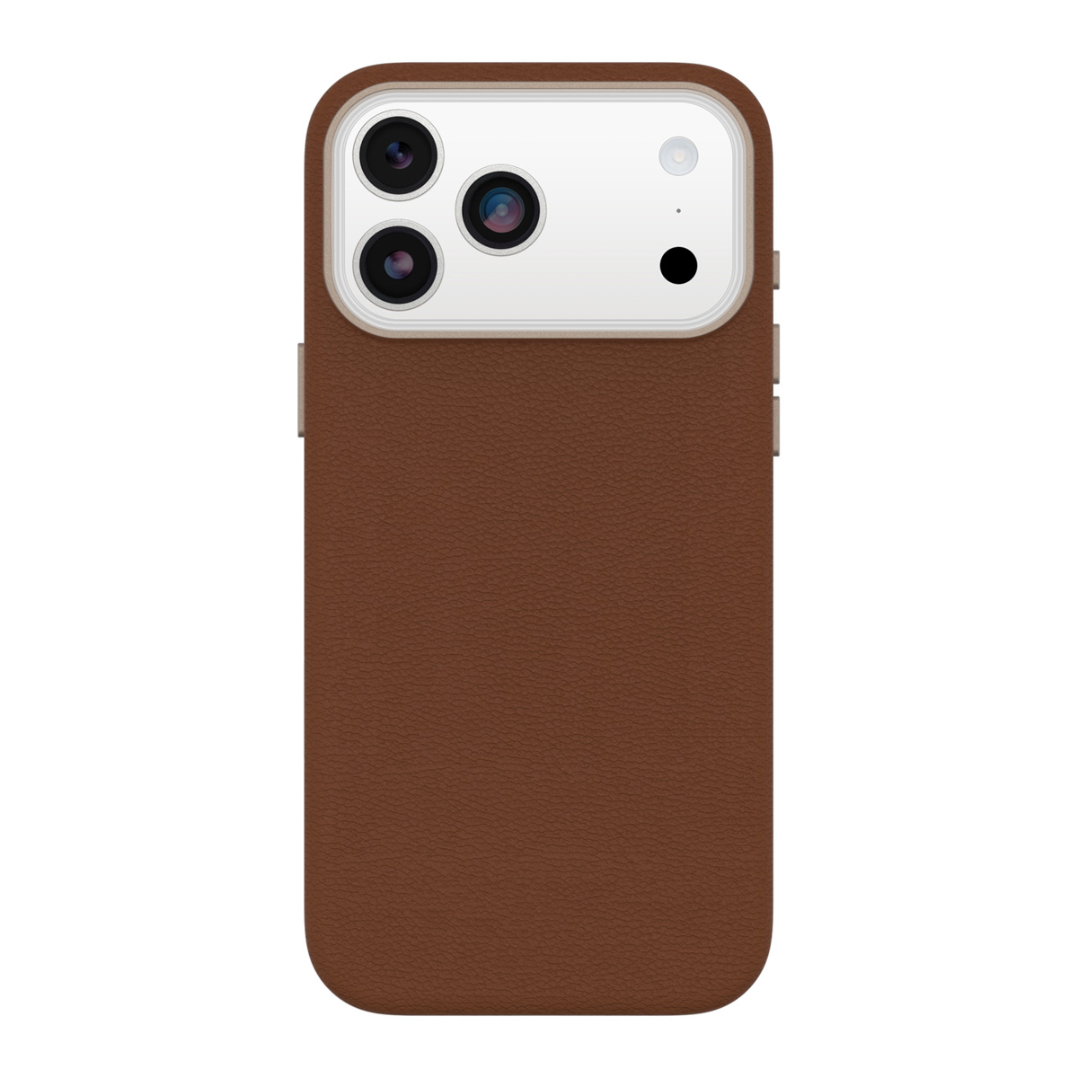 Een bruine leren telefoonhoes met een cameramodule met drie lenzen en een flitser. De hoes staat op een witte achtergrond.