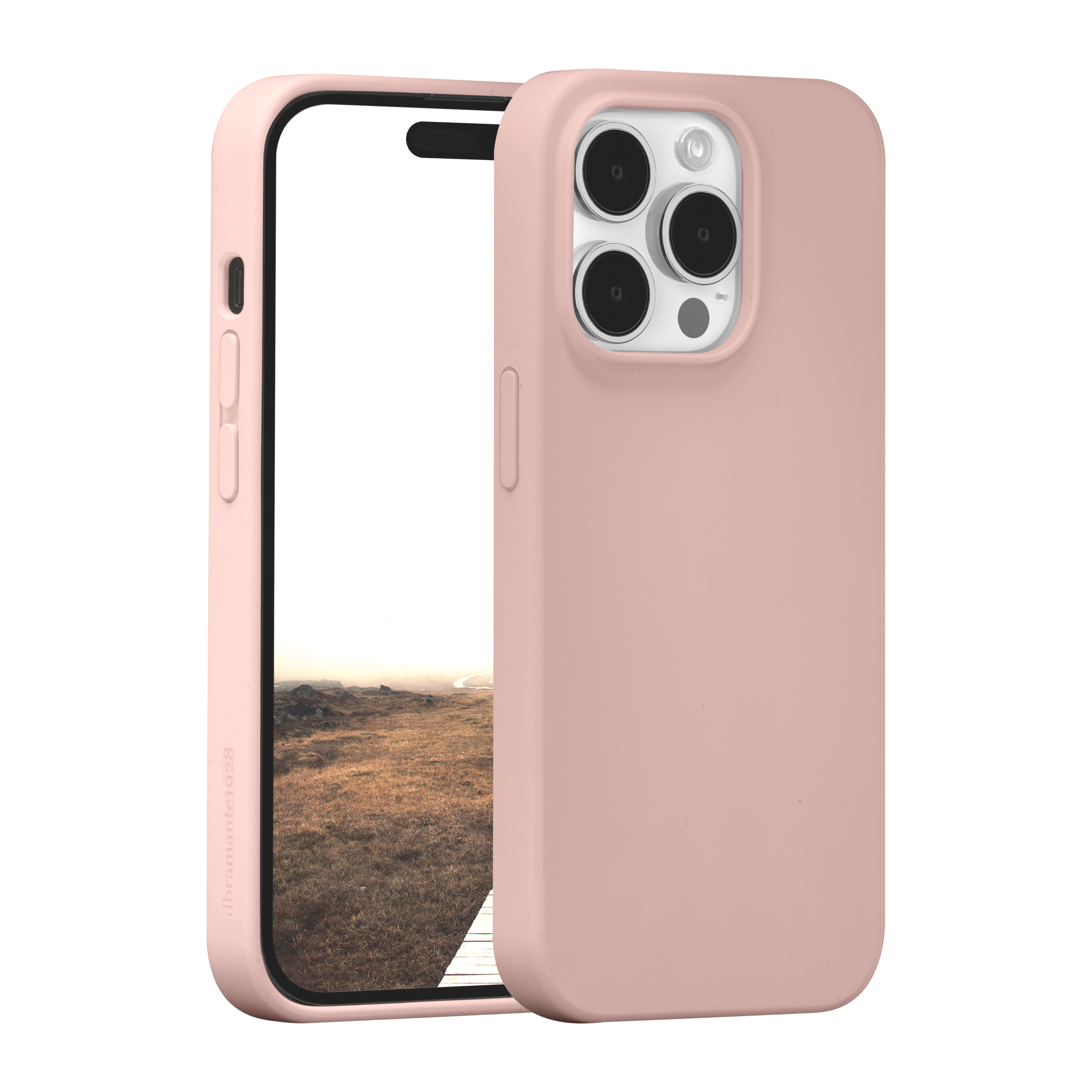 Eine pinkfarbene Handyhülle und ein Handy mit Landschaftsansicht. Die Hülle ist offen und gibt den Bildschirm frei.