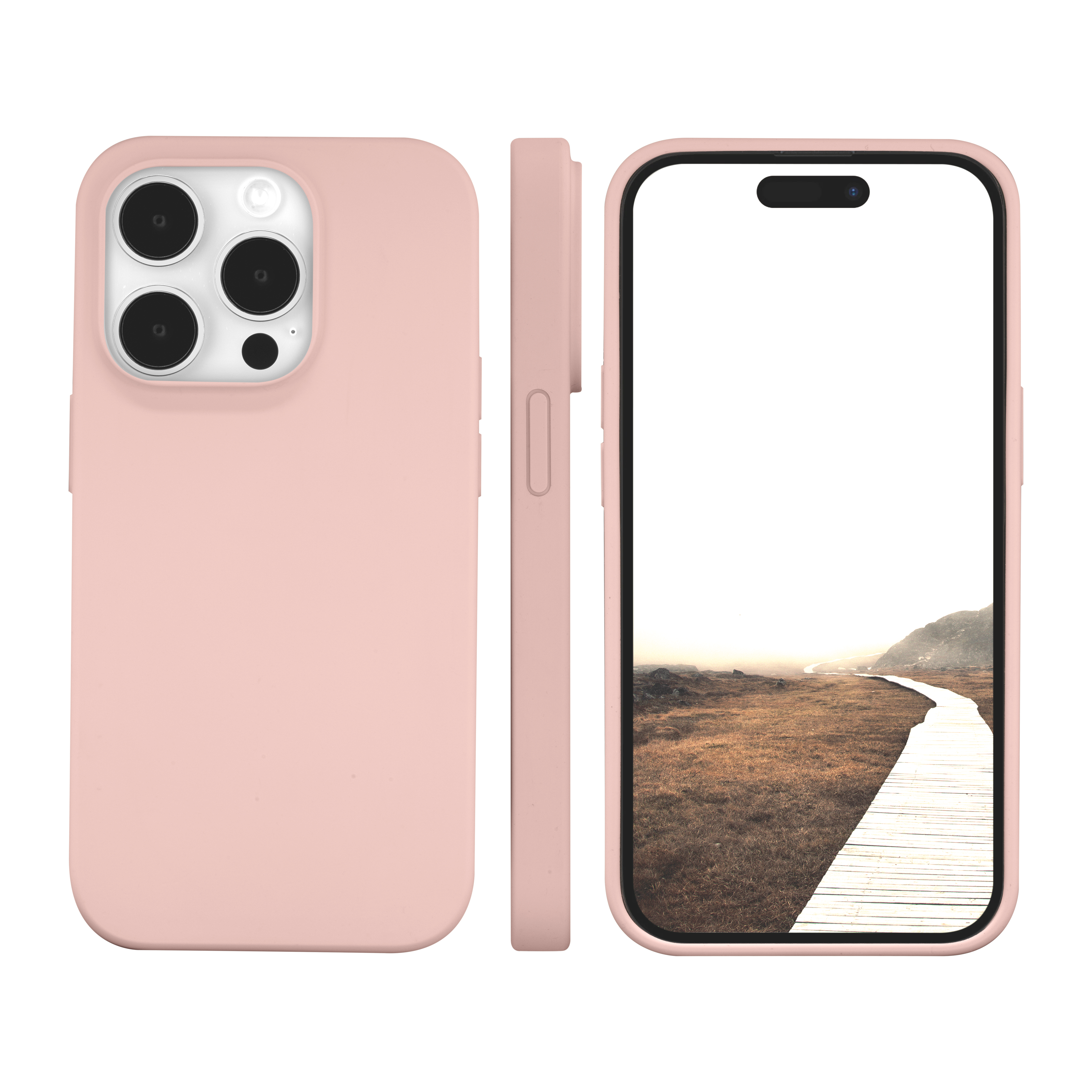 Rosa Handyhülle mit einem iPhone, das einen Holzsteg durch eine Landschaft zeigt. Seitenansicht.