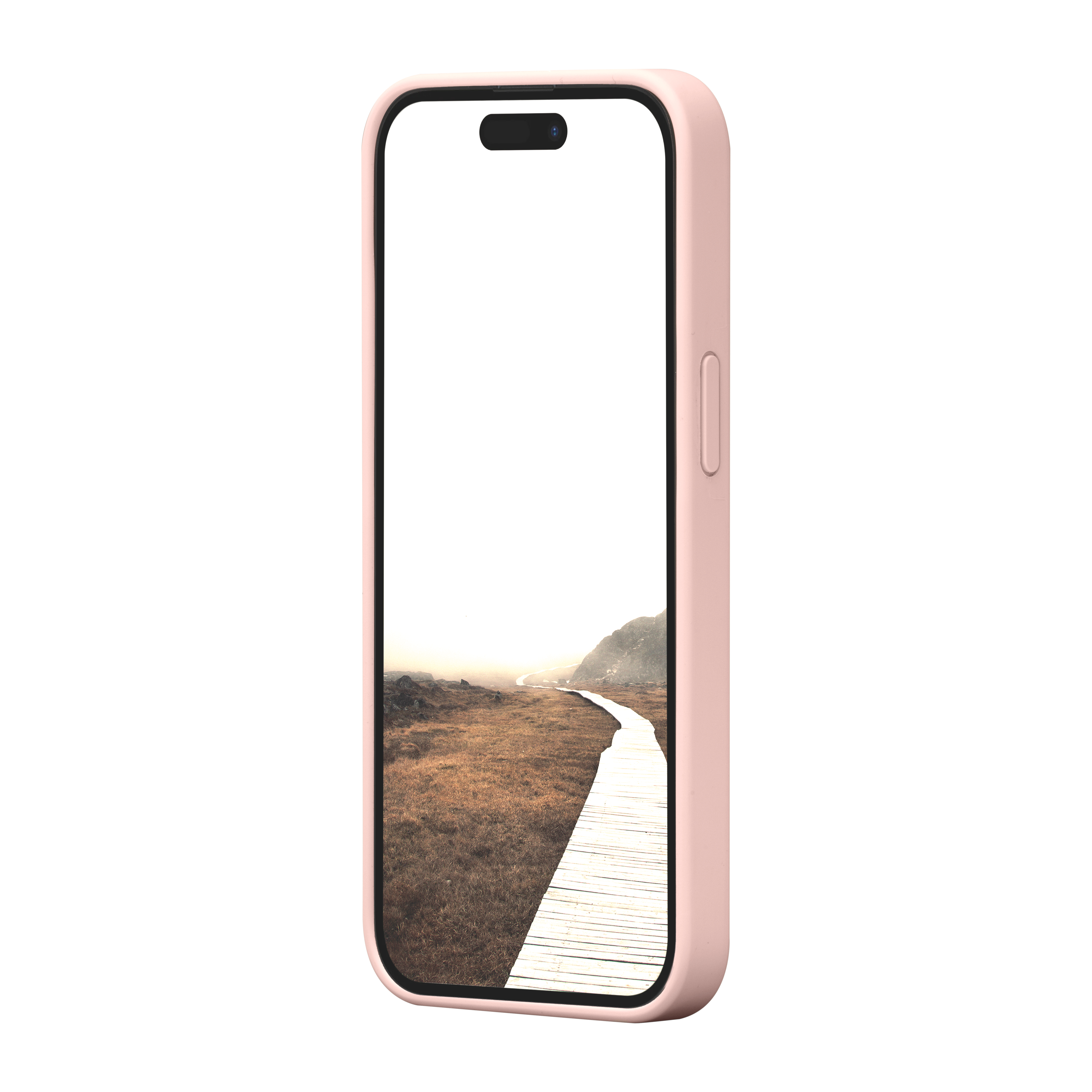 Ein Smartphone in einer rosa Hülle zeigt eine Landschaft mit einem Holzsteg. Das Telefon ist auf weißem Hintergrund isoliert.