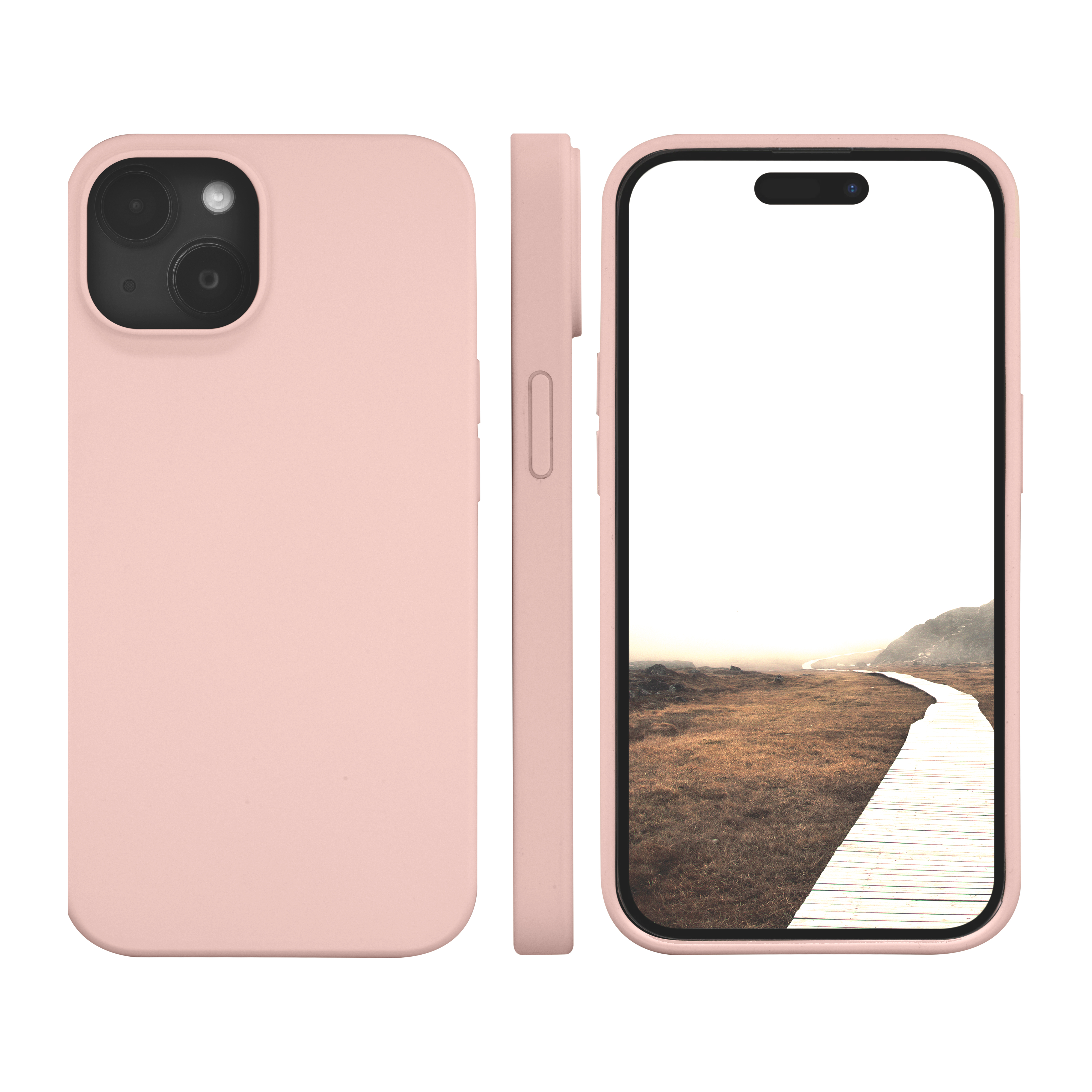 Rosa Handyhülle und Telefon. Das Telefon zeigt einen Weg durch ein Feld.