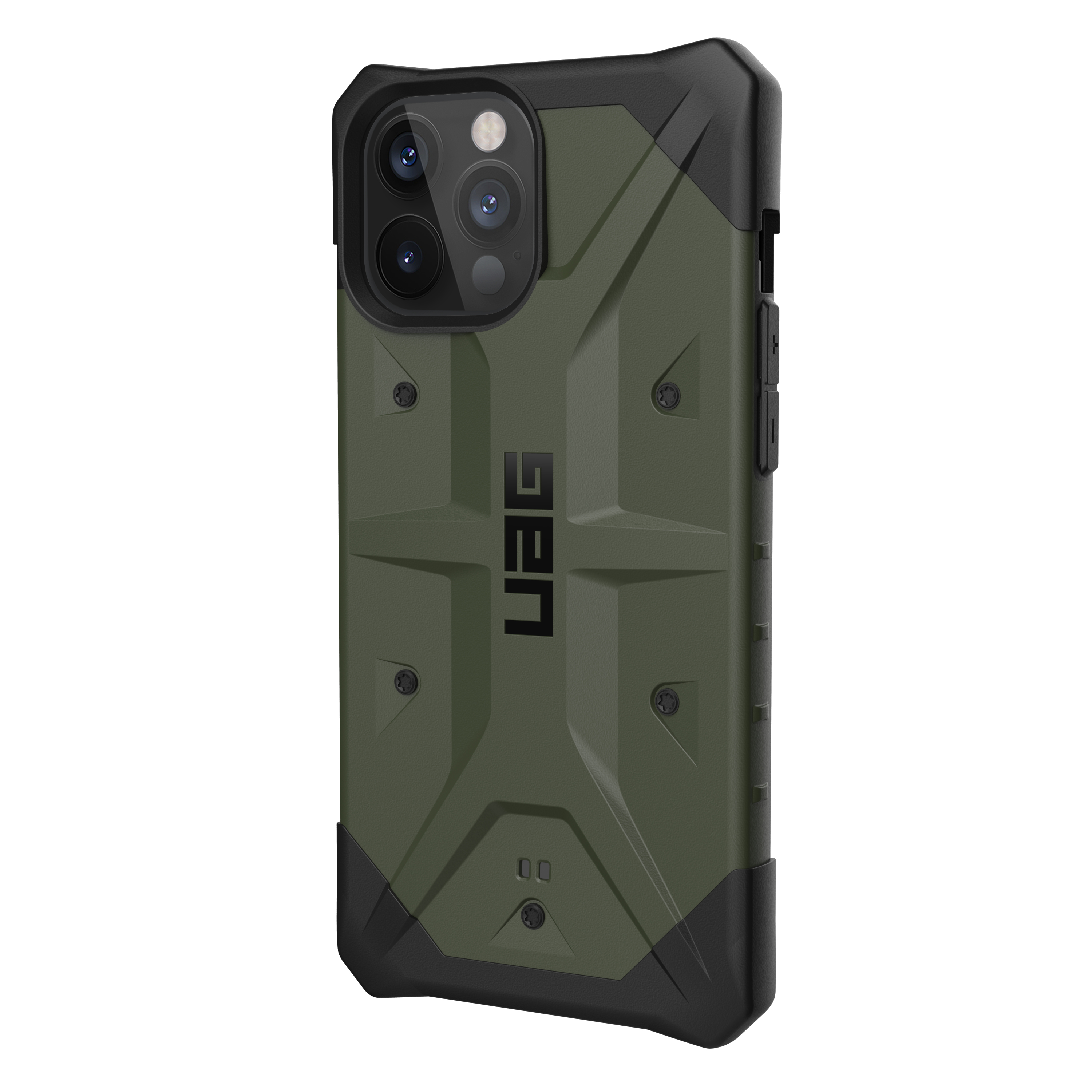 Eine olivgrüne Handyhülle mit schwarzen Rändern, mit dem UAG-Logo. Die Hülle befindet sich auf weißem Hintergrund.