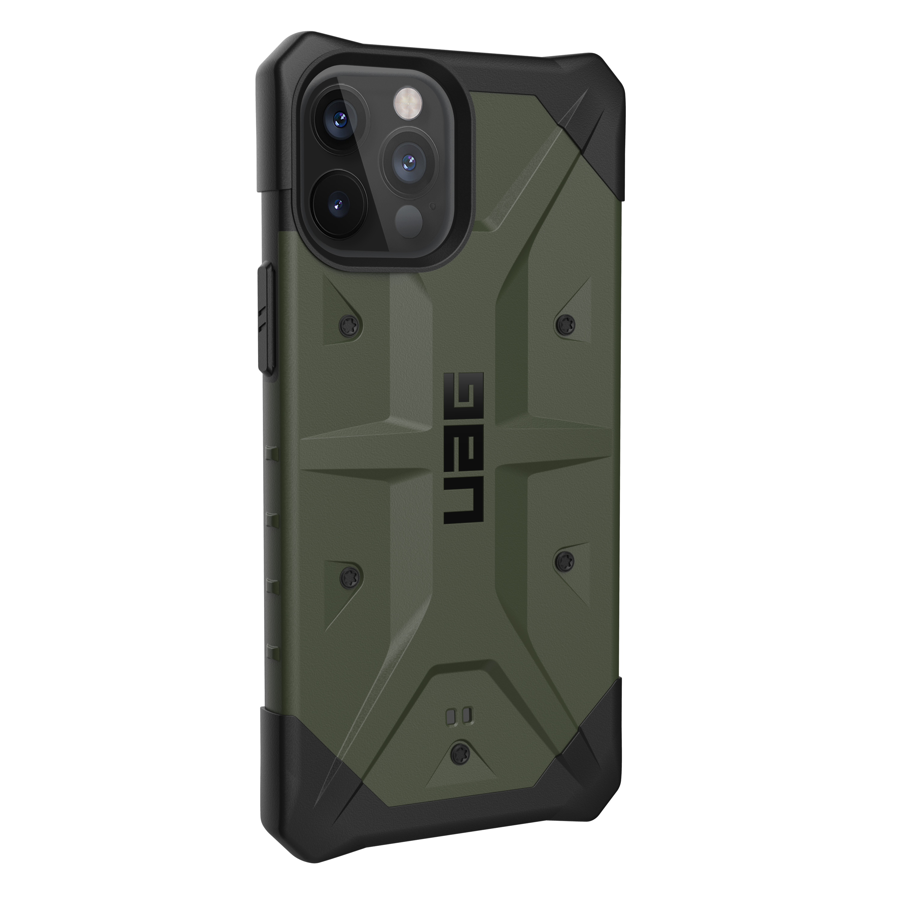 Eine olivgrüne Handyhülle mit schwarzen Akzenten. Es hat das UAG-Logo. Die Hülle bedeckt die Kamera des Telefons.