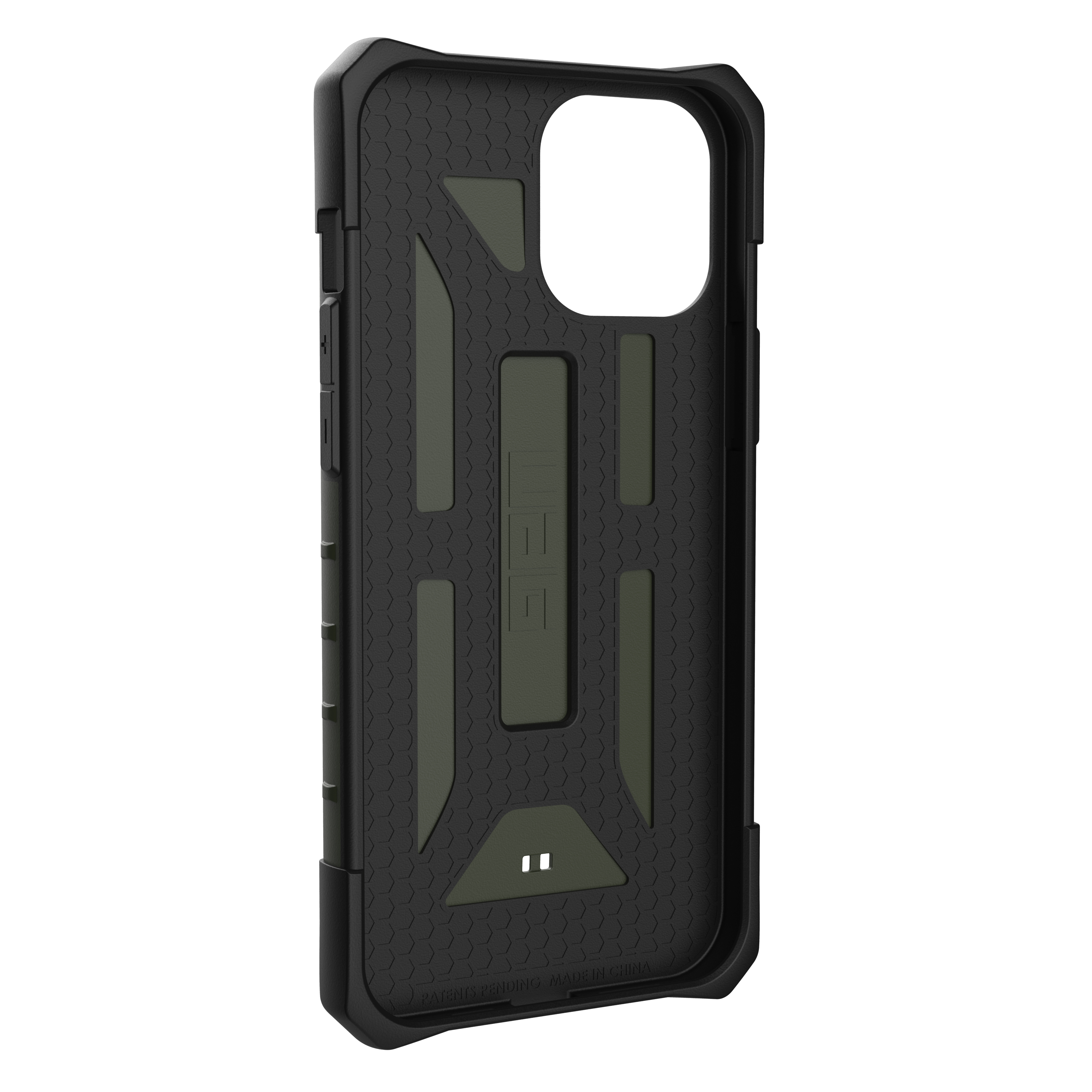 Schwarze Handyhülle mit olivgrünen Akzenten. Mit Wabenmuster und UAG-Logo. Geeignet für ein Mobiltelefon.