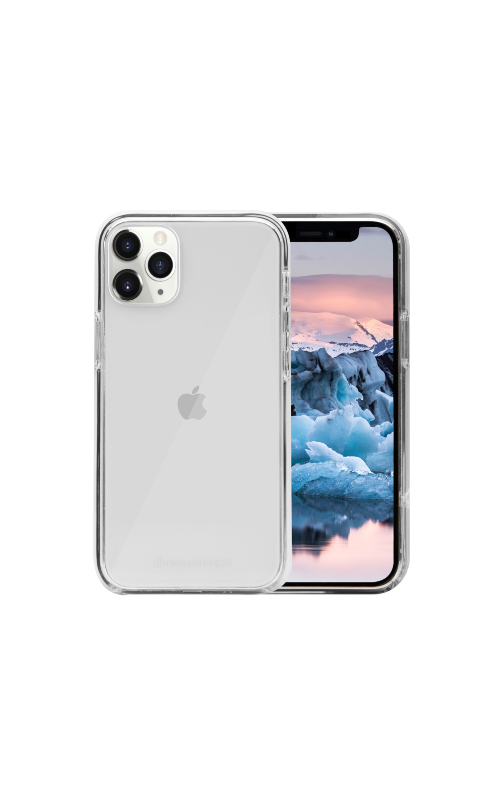 Due iPhone, uno con custodia trasparente. Gli schermi mostrano un paesaggio di ghiacciai. Sfondo bianco.