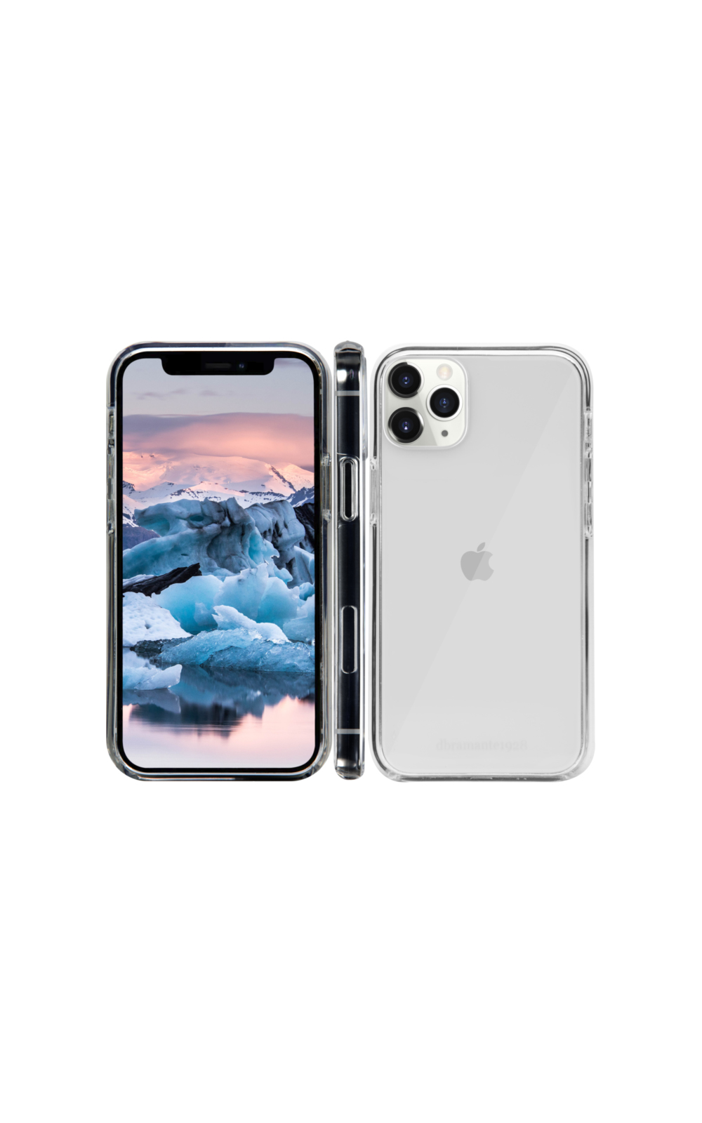 Un iPhone con custodia trasparente. Lo schermo mostra un paesaggio con iceberg. Tre angolazioni su sfondo bianco.