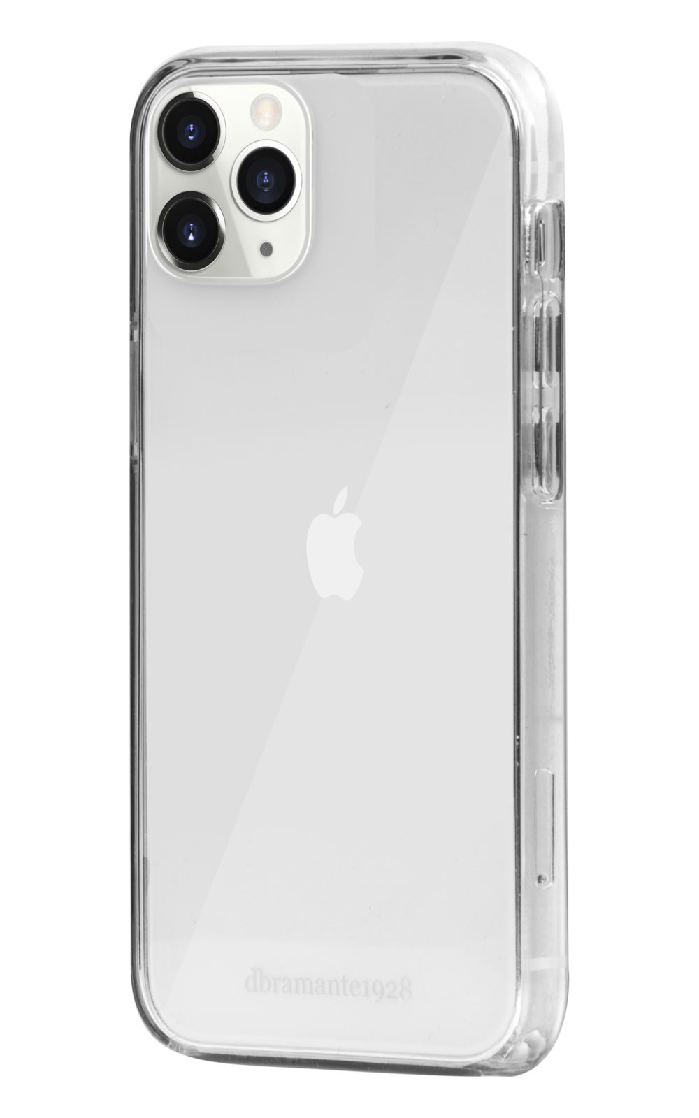 Custodia trasparente per telefono su un telefono bianco. Sono visibili tre fotocamere, insieme al logo Apple. Il marchio dbramante1928 è in basso.