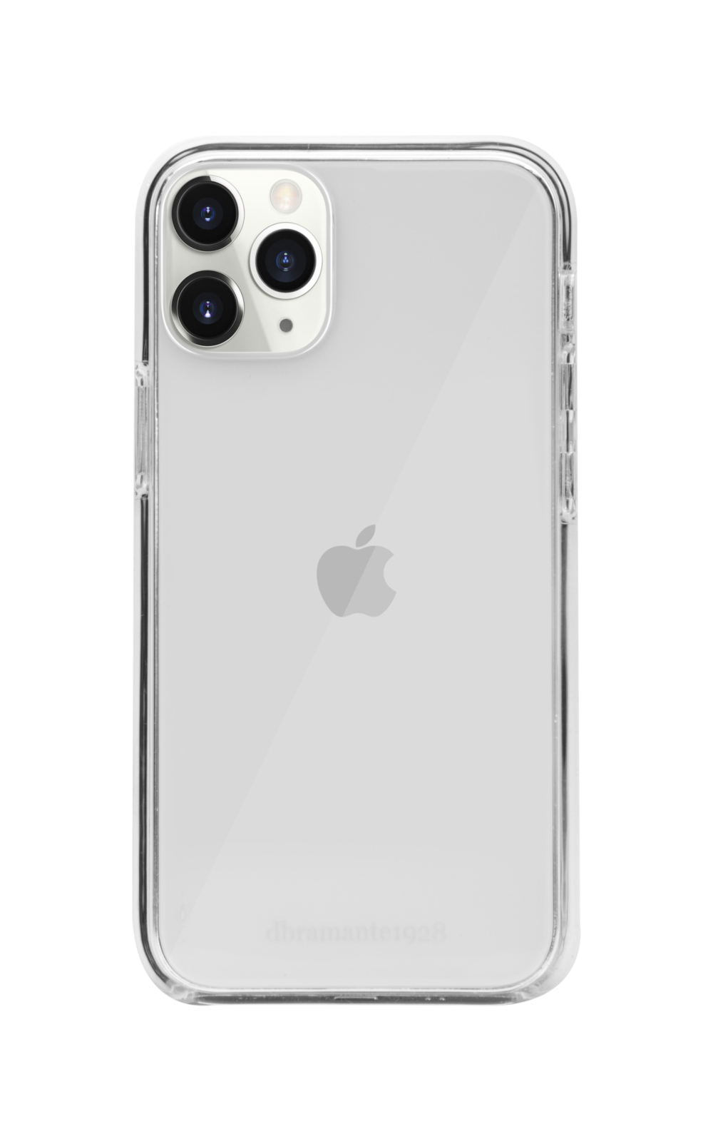 Una custodia trasparente su un iPhone bianco. La custodia ha un telaio trasparente. Il logo Apple è visibile.