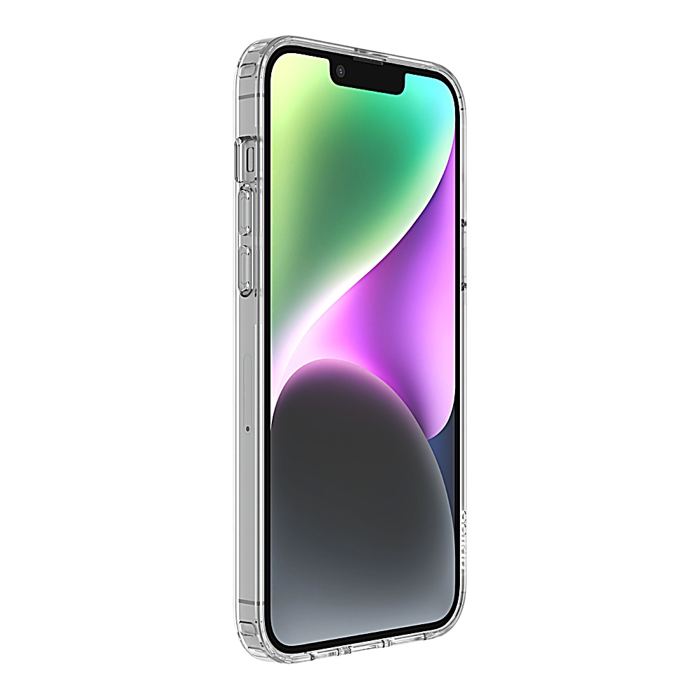 Una custodia trasparente per telefono su uno smartphone. Lo schermo mostra forme astratte colorate. La custodia ha dei pulsanti.