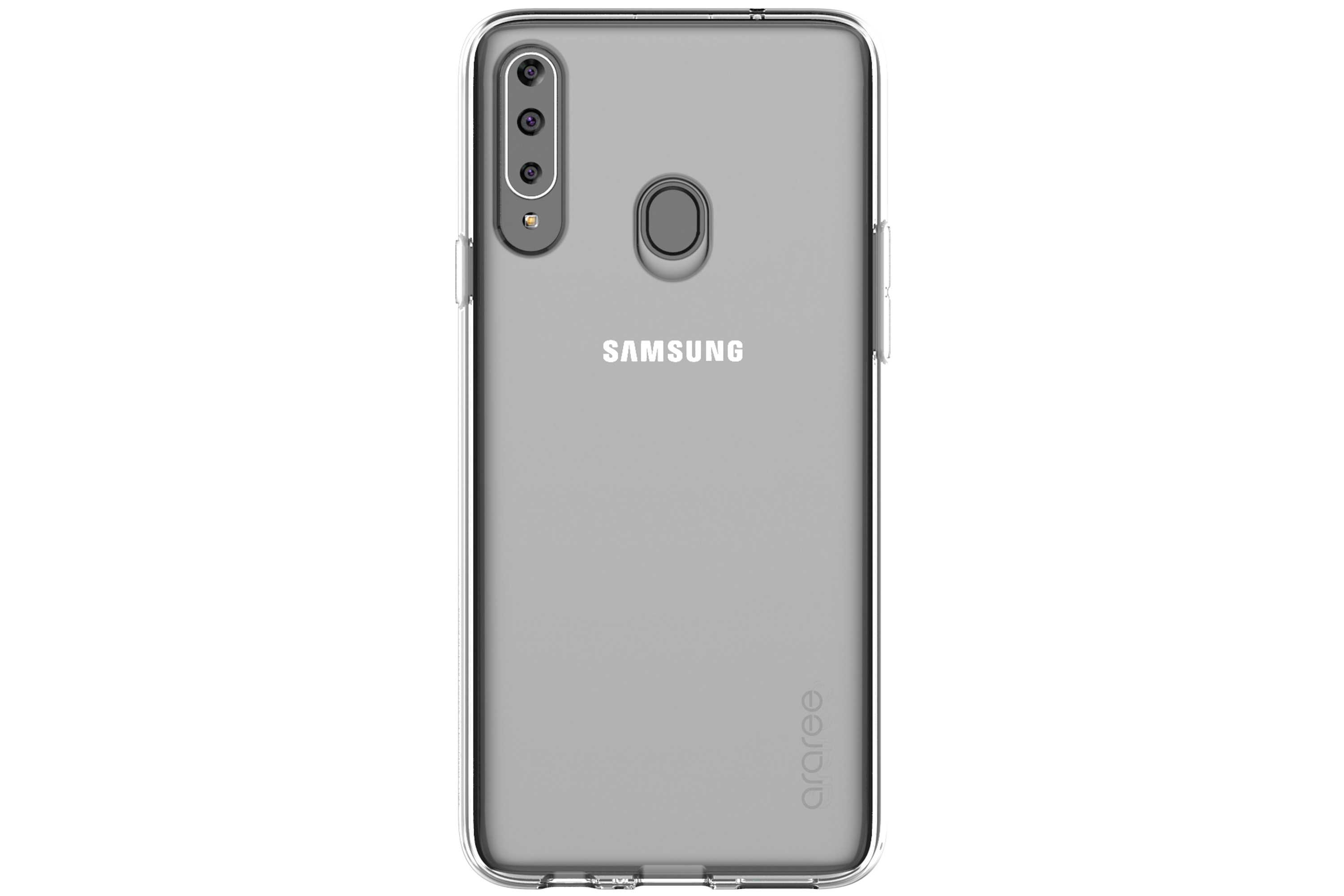 Una custodia trasparente copre un telefono Samsung, con obiettivi della fotocamera, il logo Samsung e il marchio 'araree'.