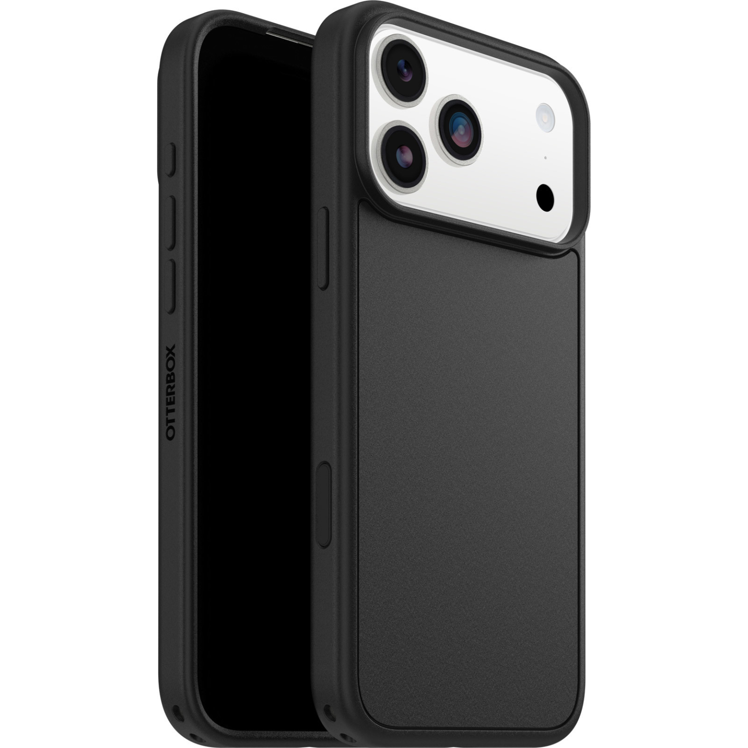 Coque de téléphone noire avec logo Otterbox, montrant l'arrière et le côté d'un smartphone avec plusieurs lentilles.