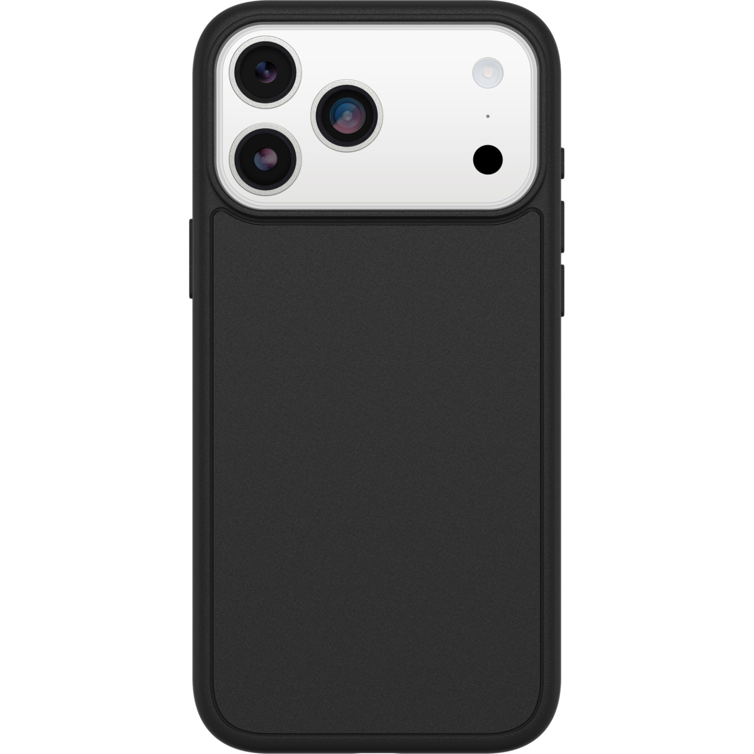 Une coque de téléphone noire avec des découpes pour l'appareil photo. La coque a une surface texturée et une partie supérieure blanche.