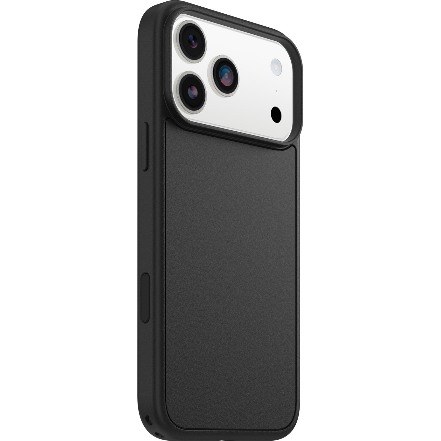 Coque de téléphone noire avec lentilles de caméra. La coque a une finition mate, avec une section caméra blanche. Boutons latéraux visibles.