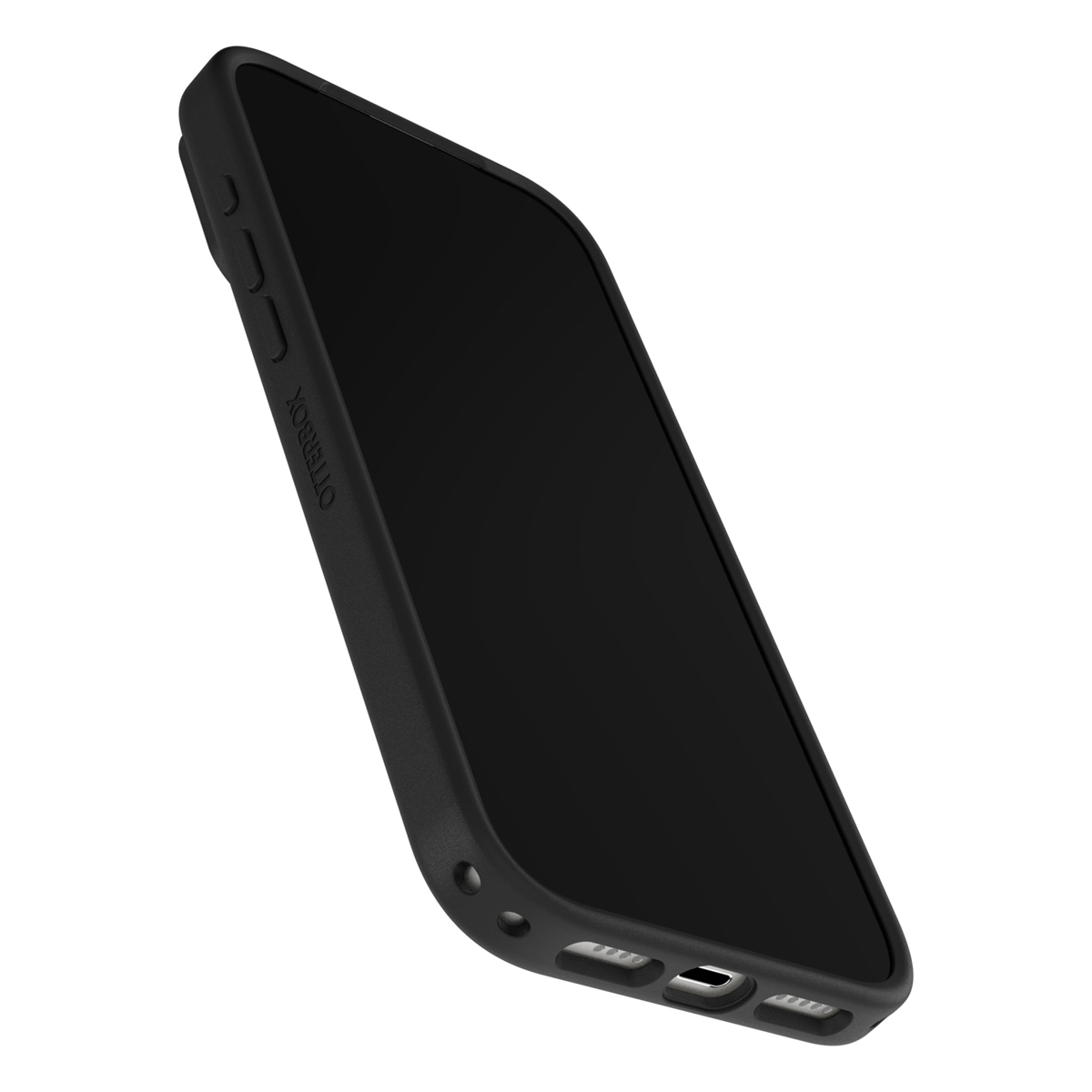 Un téléphone noir dans un étui OtterBox noir. Le téléphone est incliné et l'écran est visible. Le fond est blanc.