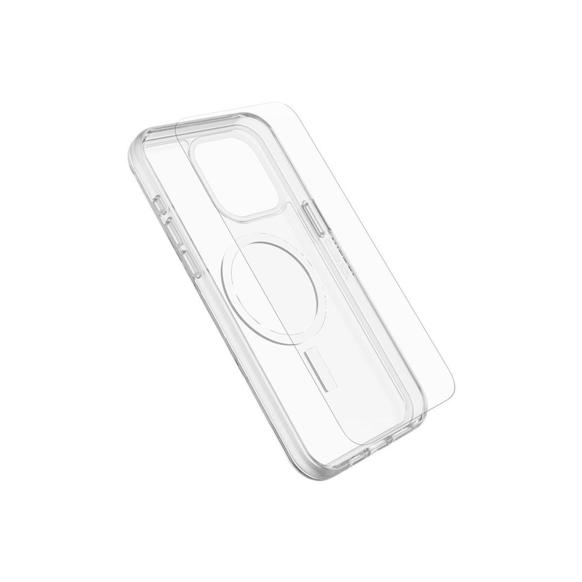 Transparente Handyhülle und Displayschutzfolie auf weißem Hintergrund. Die Hülle hat einen Kameraausschnitt, einen Magnetring und Tastenabdeckungen.