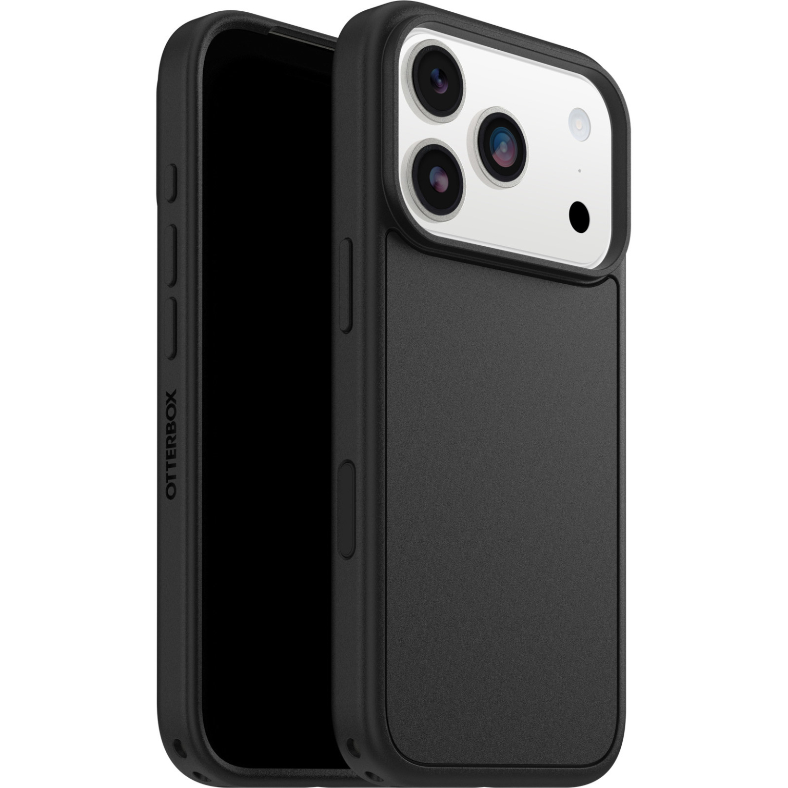 Zwarte Otterbox telefoonhoes met een telefoon erin. De hoes heeft een camera-uitsparing met drie lenzen en een flitser.