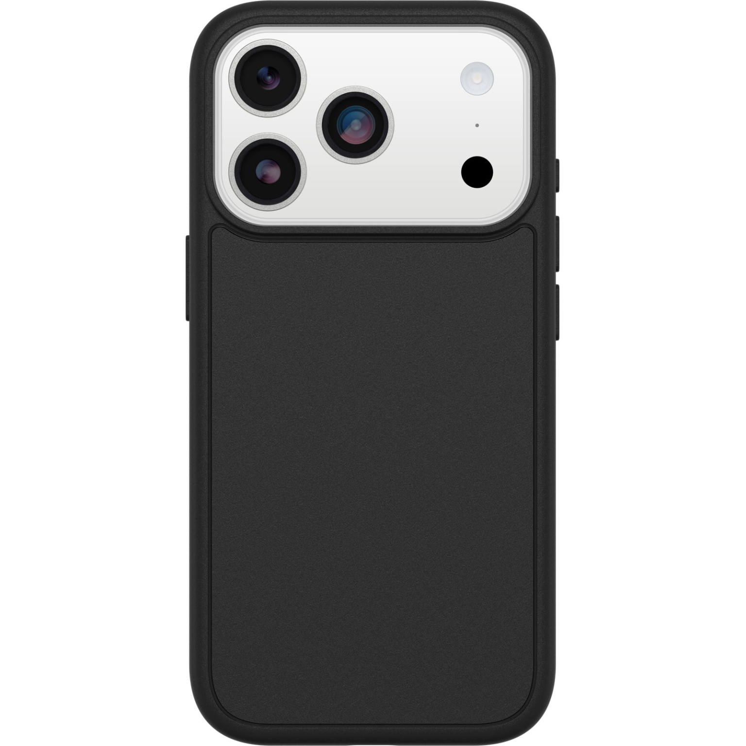 Een zwarte smartphone met een beschermhoes, met cameralenzen en een flitser aan de bovenkant. De achterkant van de telefoon is zichtbaar.