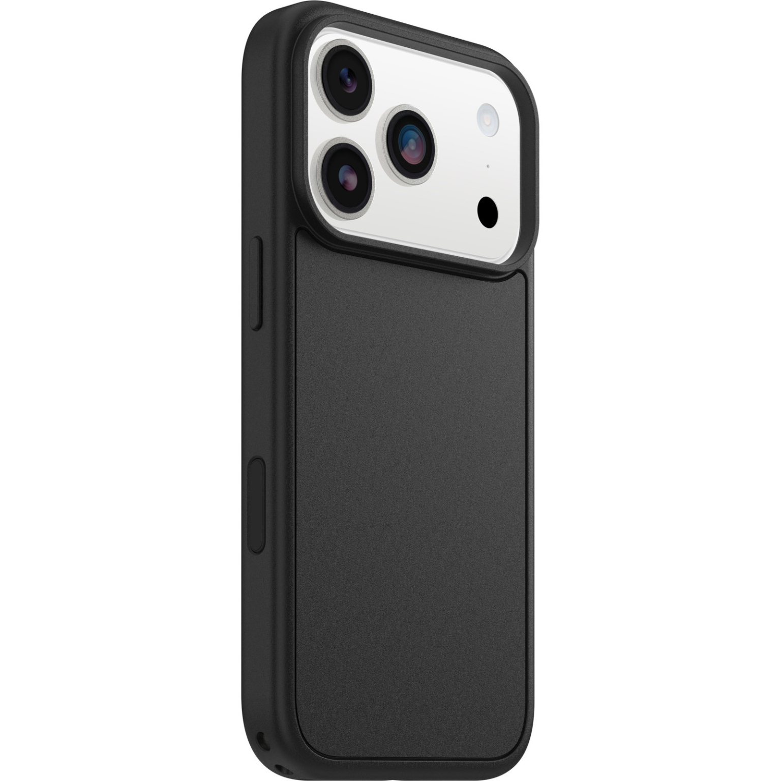 Een zwarte telefoonhoes met een cameragedeelte, met drie lenzen en een flits, tegen een witte achtergrond.