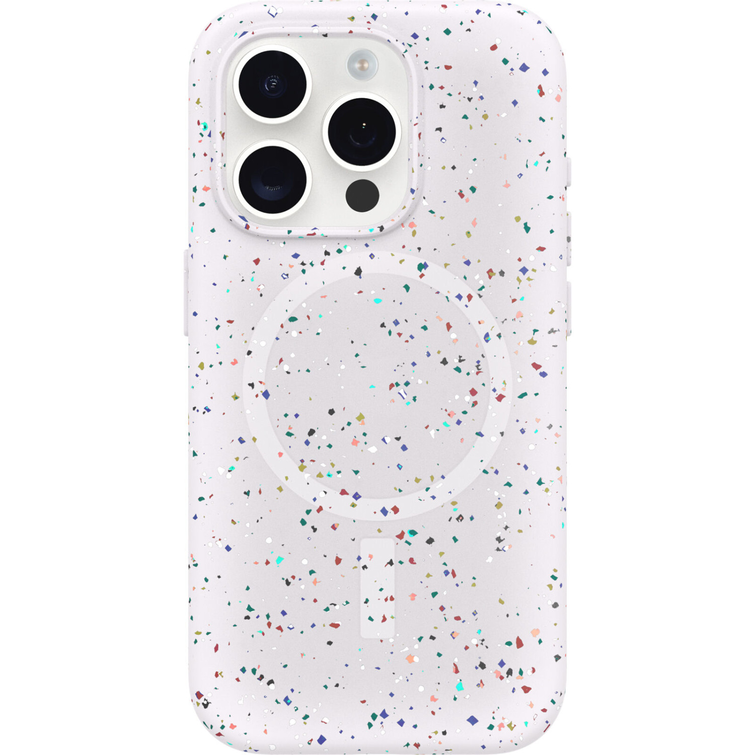Weiße Handyhülle mit bunten Sprenkeln. Sie hat einen Kameraausschnitt und ein kreisförmiges Design auf der Rückseite.