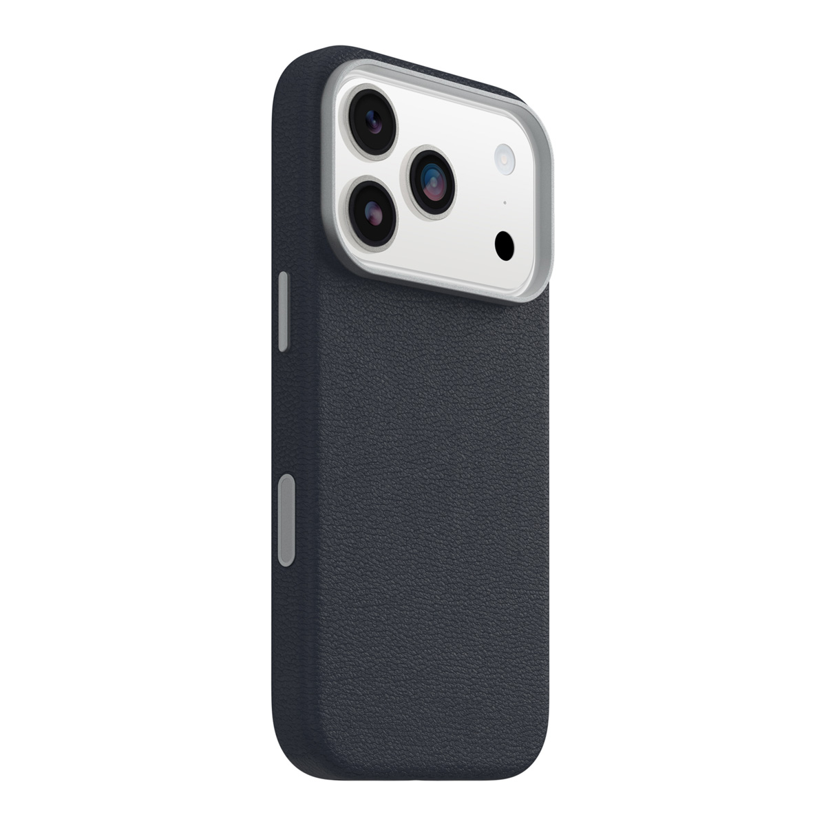 Een donkerblauwe iPhone-hoes met drie cameralenzen en een flitser. De hoes heeft een getextureerd oppervlak en een zilveren rand.