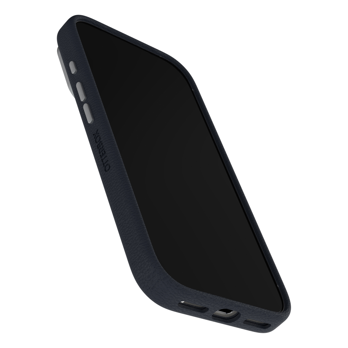 Een donkerblauwe telefoonhoes met een zwart scherm is licht gekanteld, met knoppen aan de zijkant en Otterbox-branding op een witte achtergrond.
