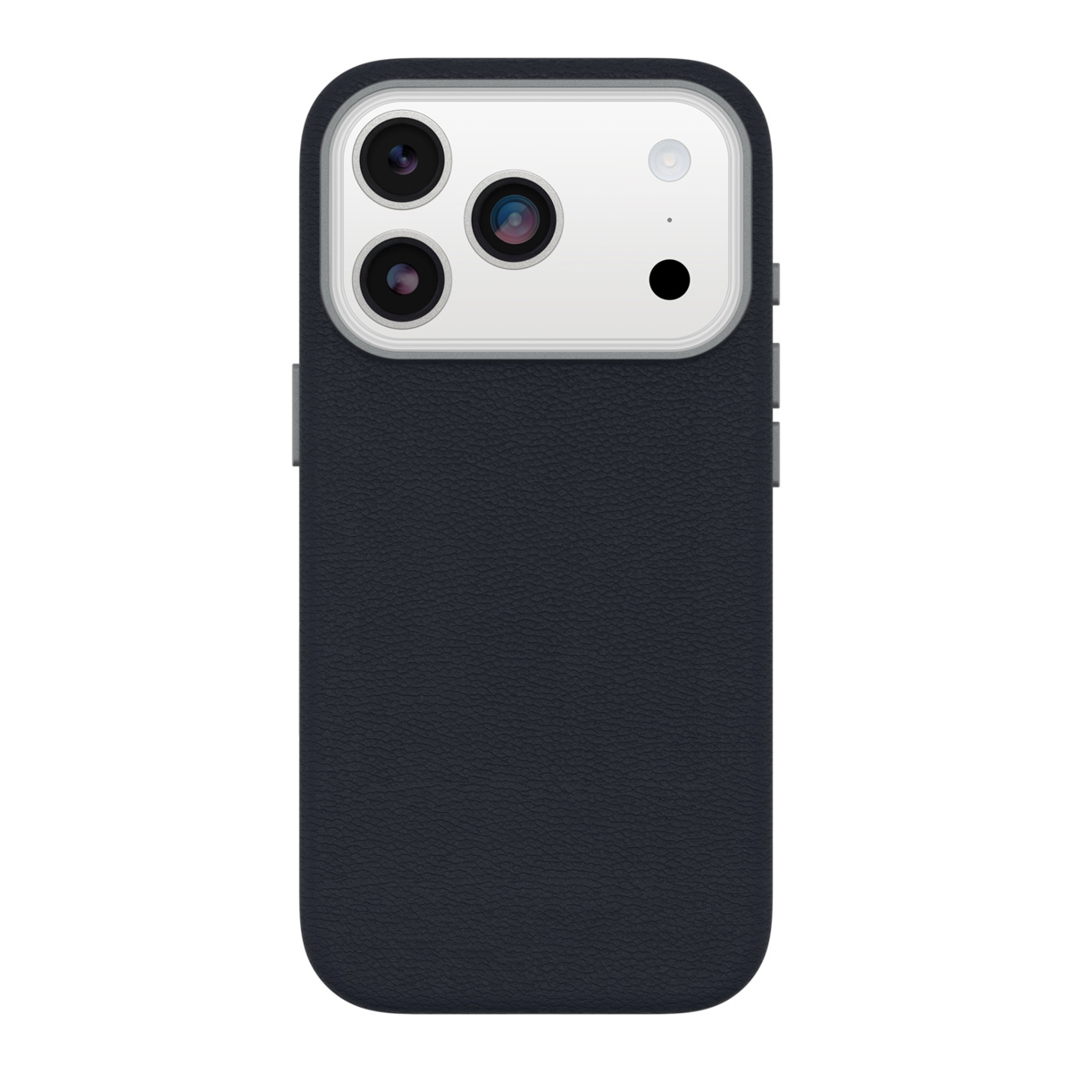 Een donkerblauwe telefoonhoes met een cameramodule. De cameramodule heeft drie lenzen en een flitser. De hoes heeft een textuur.