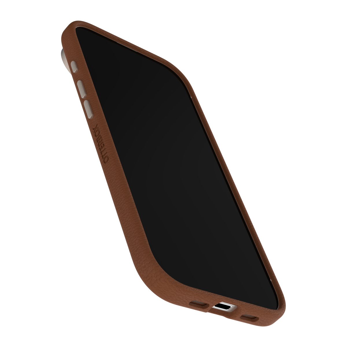 Eine braune Leder-Handyhülle mit schwarzem Bildschirm ist leicht angewinkelt, um die Marke Otterbox zu präsentieren. Die Hülle hat Knöpfe und Anschlussöffnungen.