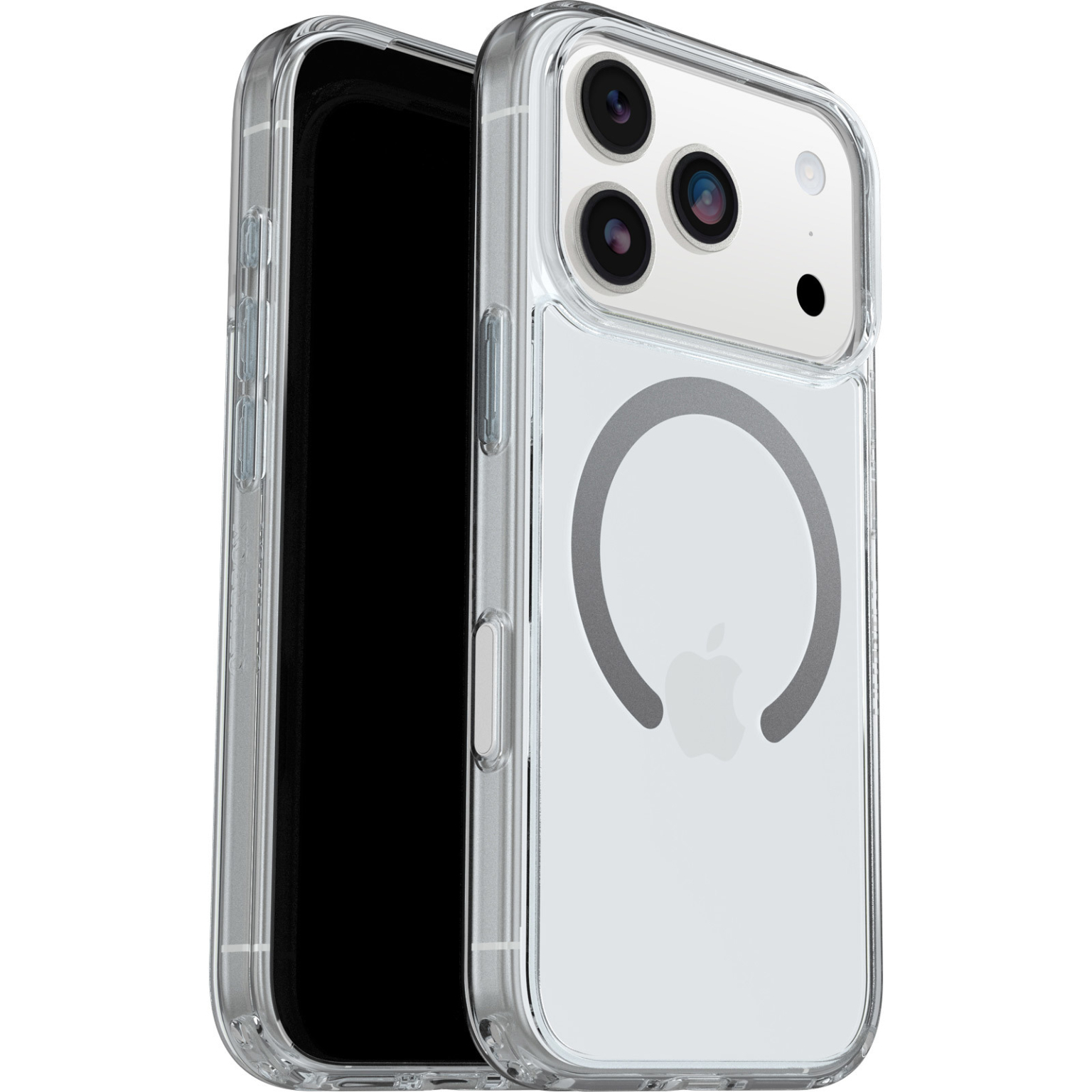 Een transparante telefoonhoes met een iPhone erin. De hoes heeft een magnetische ring en een camerabult. Het scherm is zwart.