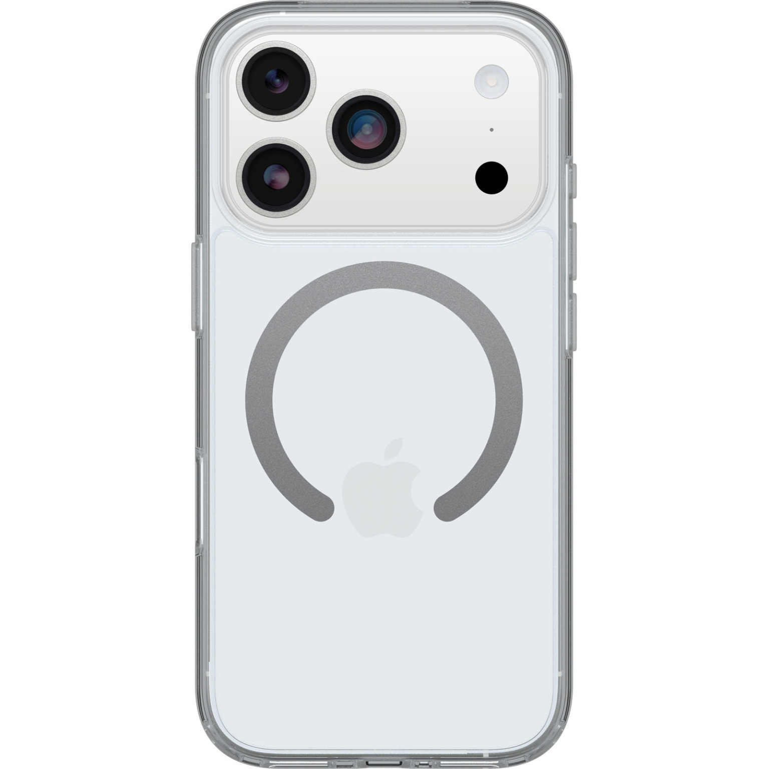 Een transparante telefoonhoes op een witte achtergrond. De hoes heeft een grijze magnetische cirkel. Drie cameralenzen zijn zichtbaar.