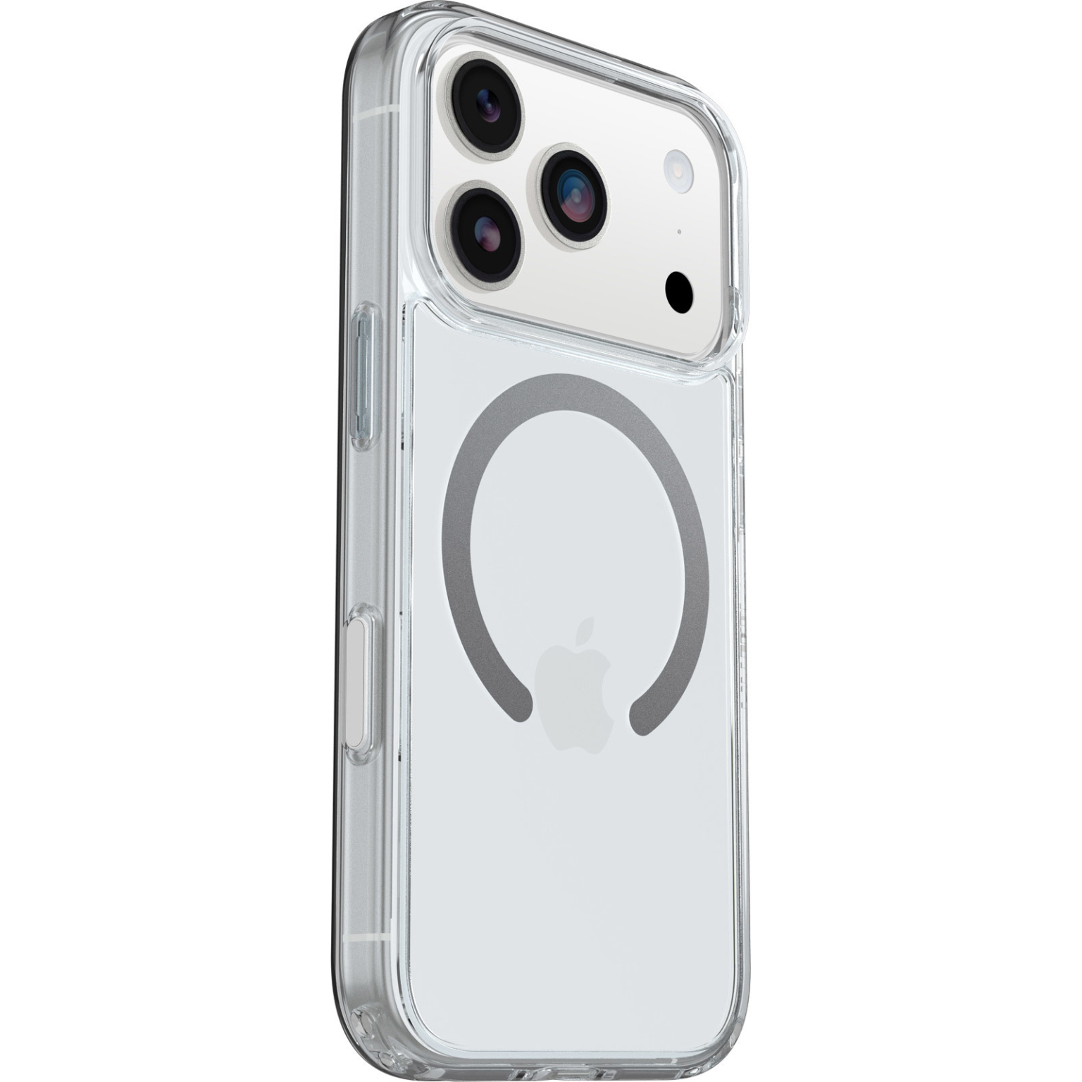 Een doorzichtige iPhone-hoes met een camerabult met drie lenzen wordt getoond. De hoes heeft een magnetische ring en een Apple-logo.
