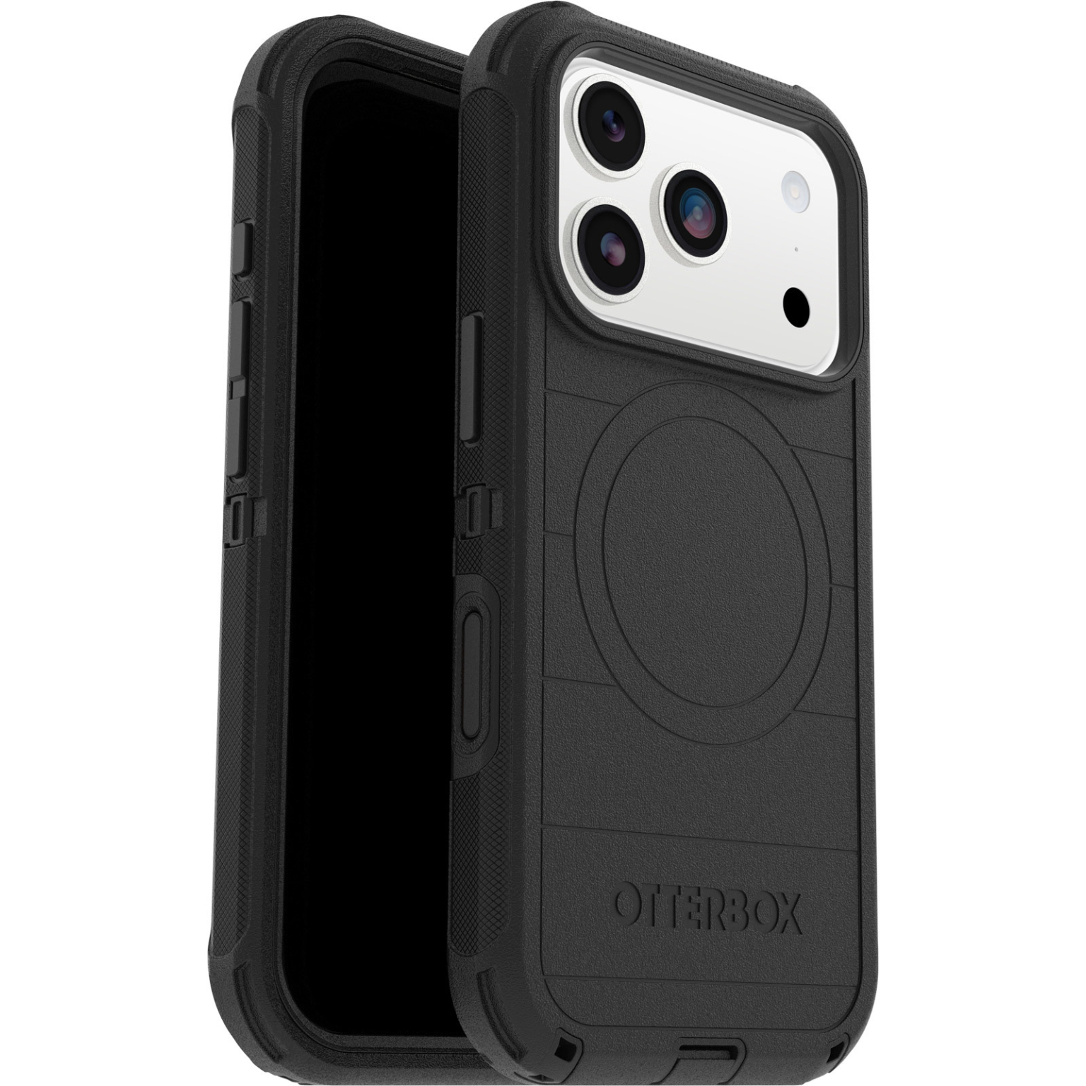 Coque de téléphone Otterbox noire avec un iPhone à l'intérieur. La coque a une surface texturée et entoure le module caméra du téléphone.