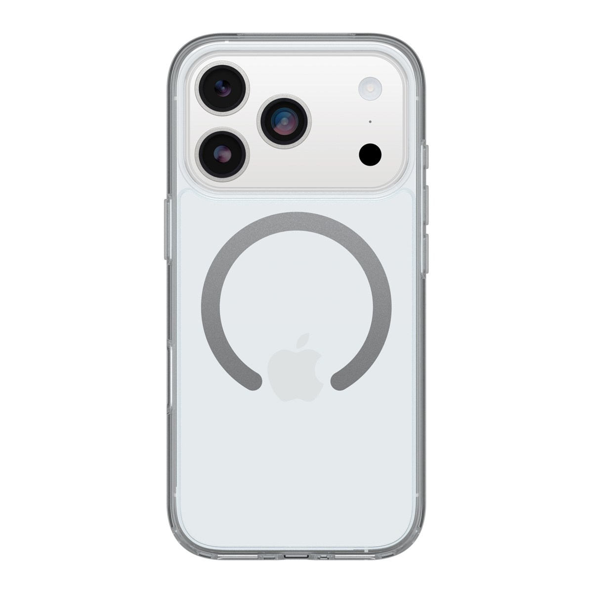 Transparante telefoonhoes met Apple-logo en camera-opstelling. Een grijze ring en het Apple-logo zijn zichtbaar.