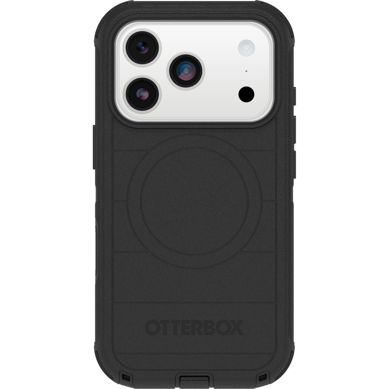 Coque de téléphone noire Otterbox. Elle dispose d'un module caméra avec trois lentilles. Logo Otterbox en bas. Surface texturée.